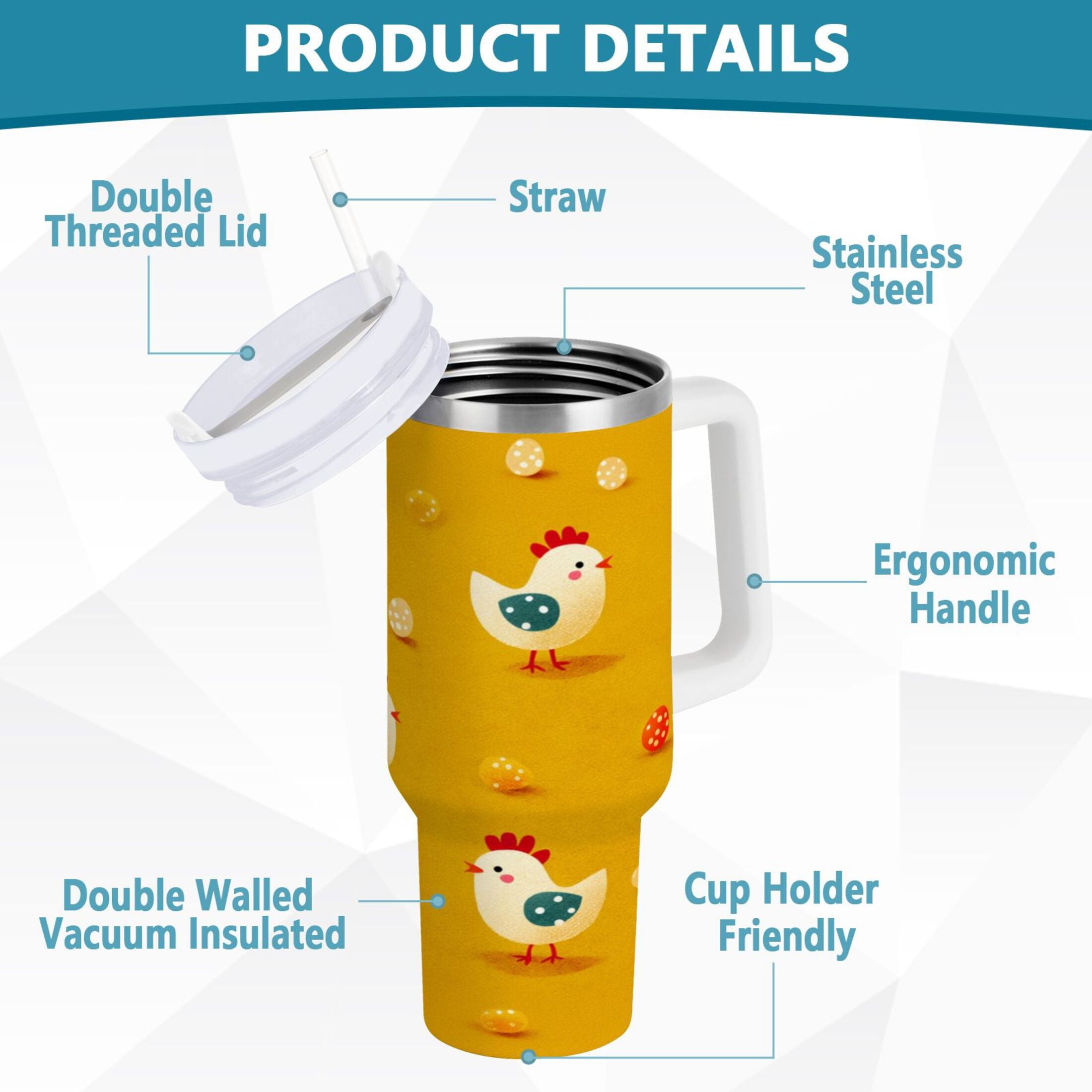 30 oz Insulated Stainless Steel Tumbler Double Wall Stainless Steel Tumbler with 2-Way Drinking Cartoon Chickens Pattern VXKY