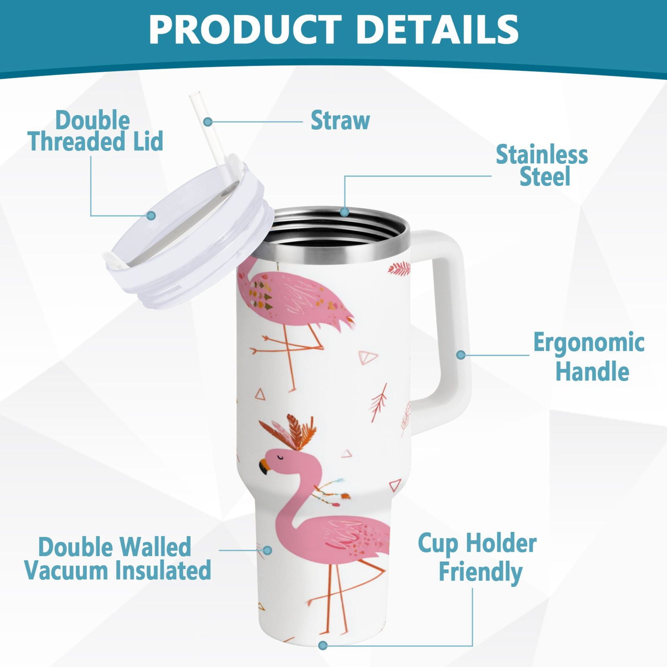 40 oz Insulated Stainless Steel Tumbler Double Wall Stainless Steel Tumbler with 2-Way Drinking Cute Pink Flamingo Pattern R33A