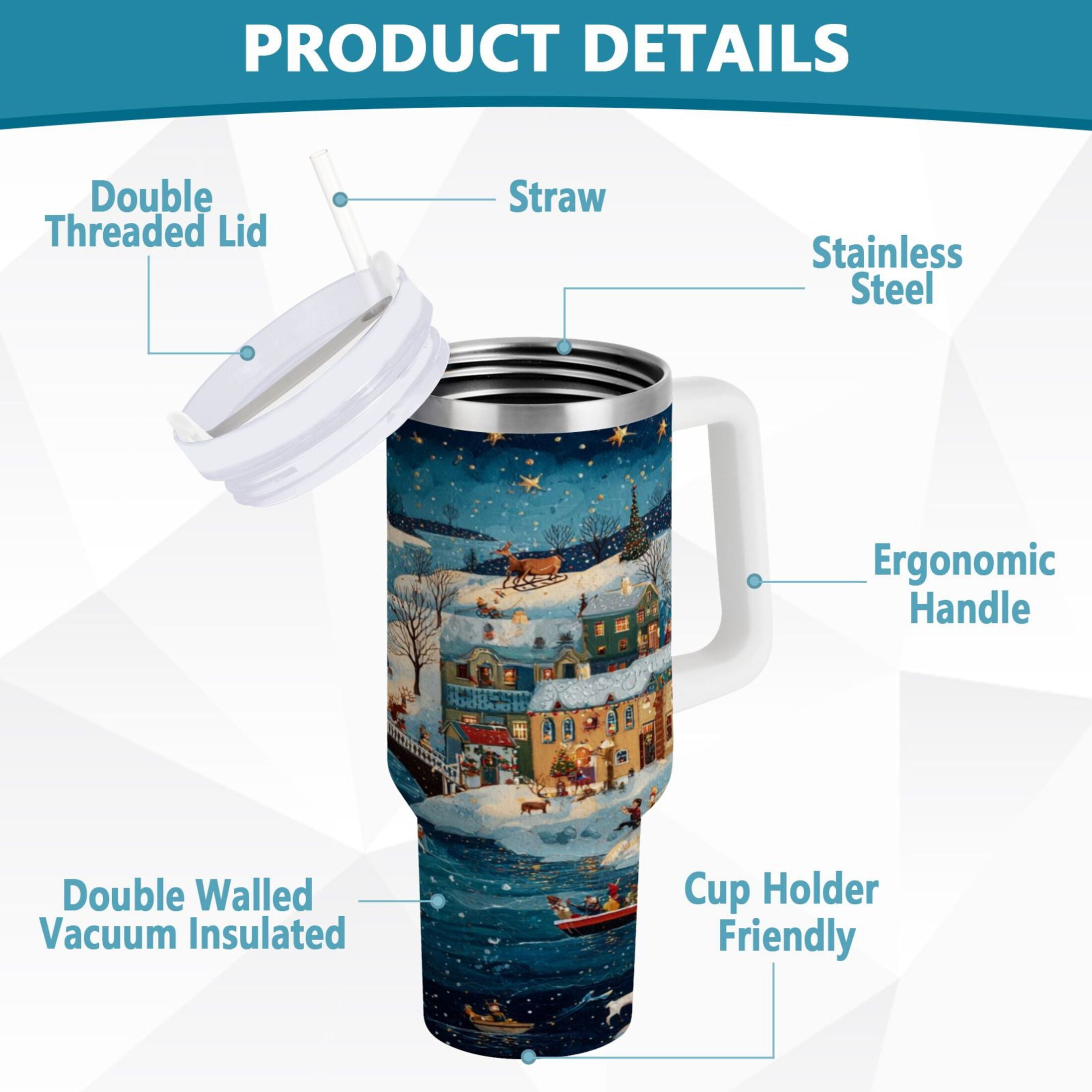 30 oz Insulated Stainless Steel Tumbler Double Wall Stainless Steel Tumbler with 2-Way Drinking Whimsical Christmas Scene MB59