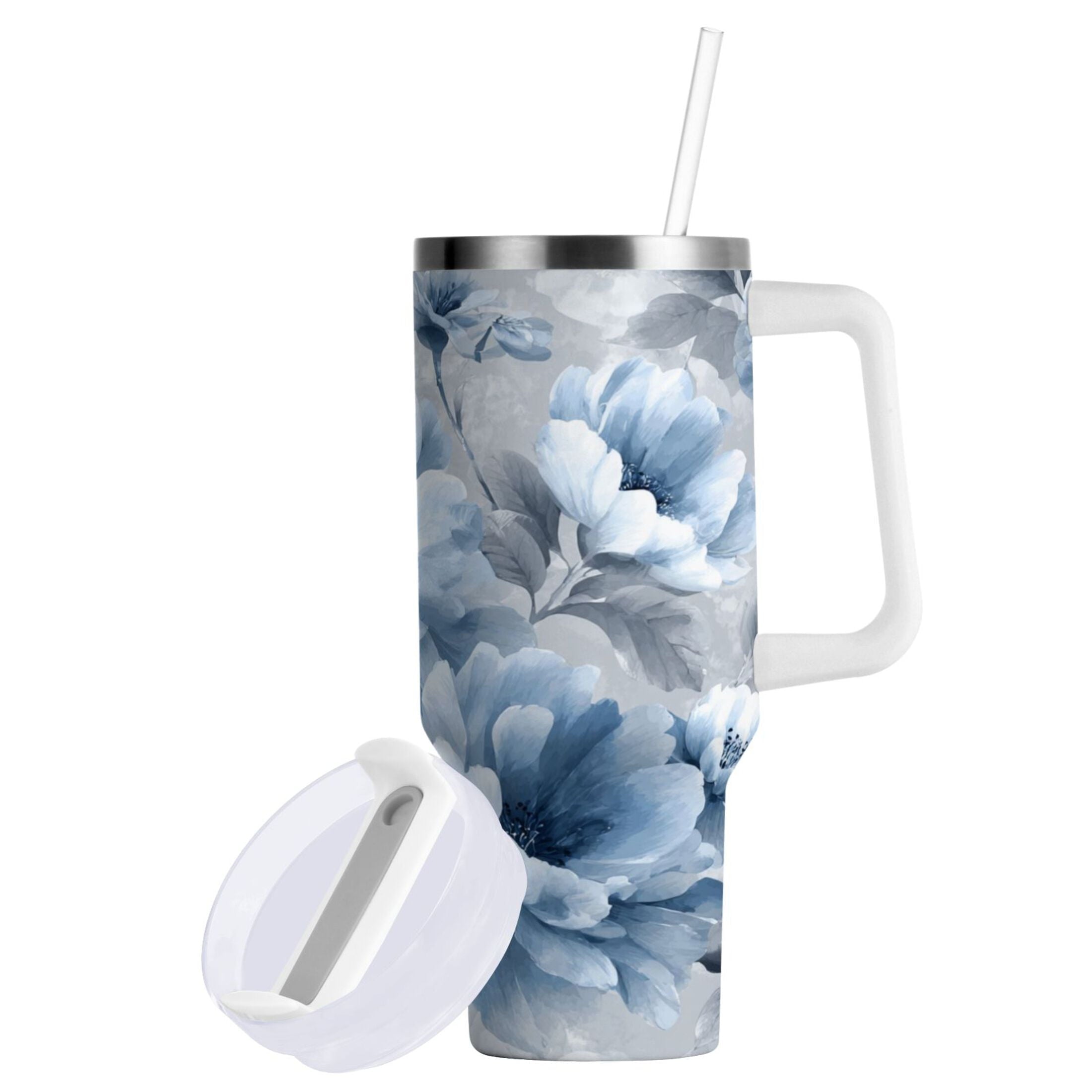 40 oz Insulated Stainless Steel Tumbler Double Wall Stainless Steel Tumbler with 2-Way Drinking White Floral Pattern LXOY