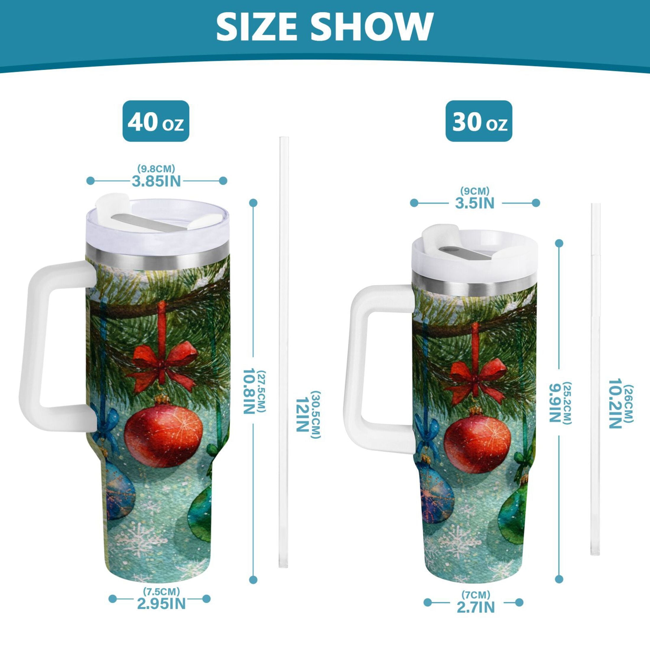 30 oz Insulated Stainless Steel Tumbler Double Wall Stainless Steel Tumbler with 2-Way Drinking Christmas Ornaments Watercolor Painting 3YZI