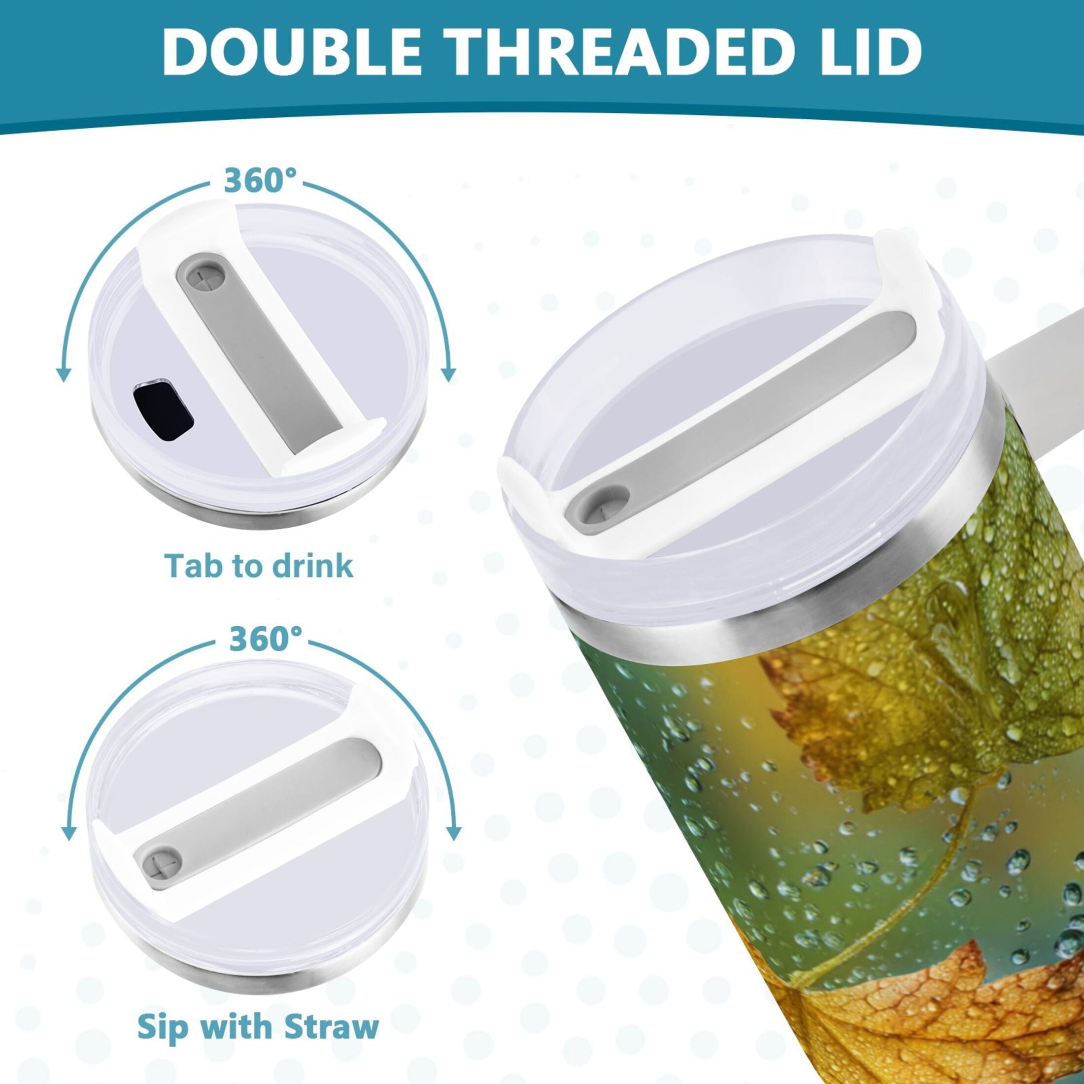 30 oz Insulated Stainless Steel Tumbler Double Wall Stainless Steel Tumbler with 2-Way Drinking Leaves with Water Droplets CYU6