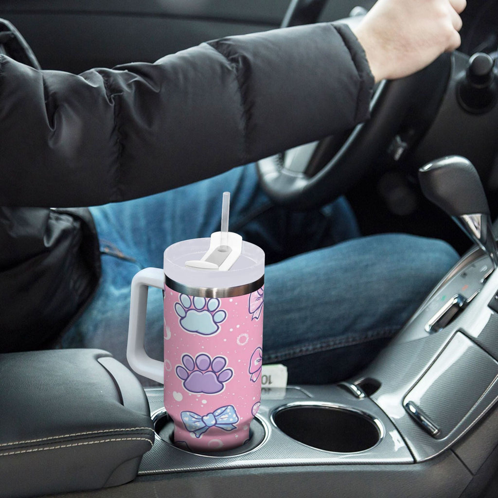 30 oz Insulated Stainless Steel Tumbler Double Wall Stainless Steel Tumbler with 2-Way Drinking Dog Paw Prints and Bows 8OH8