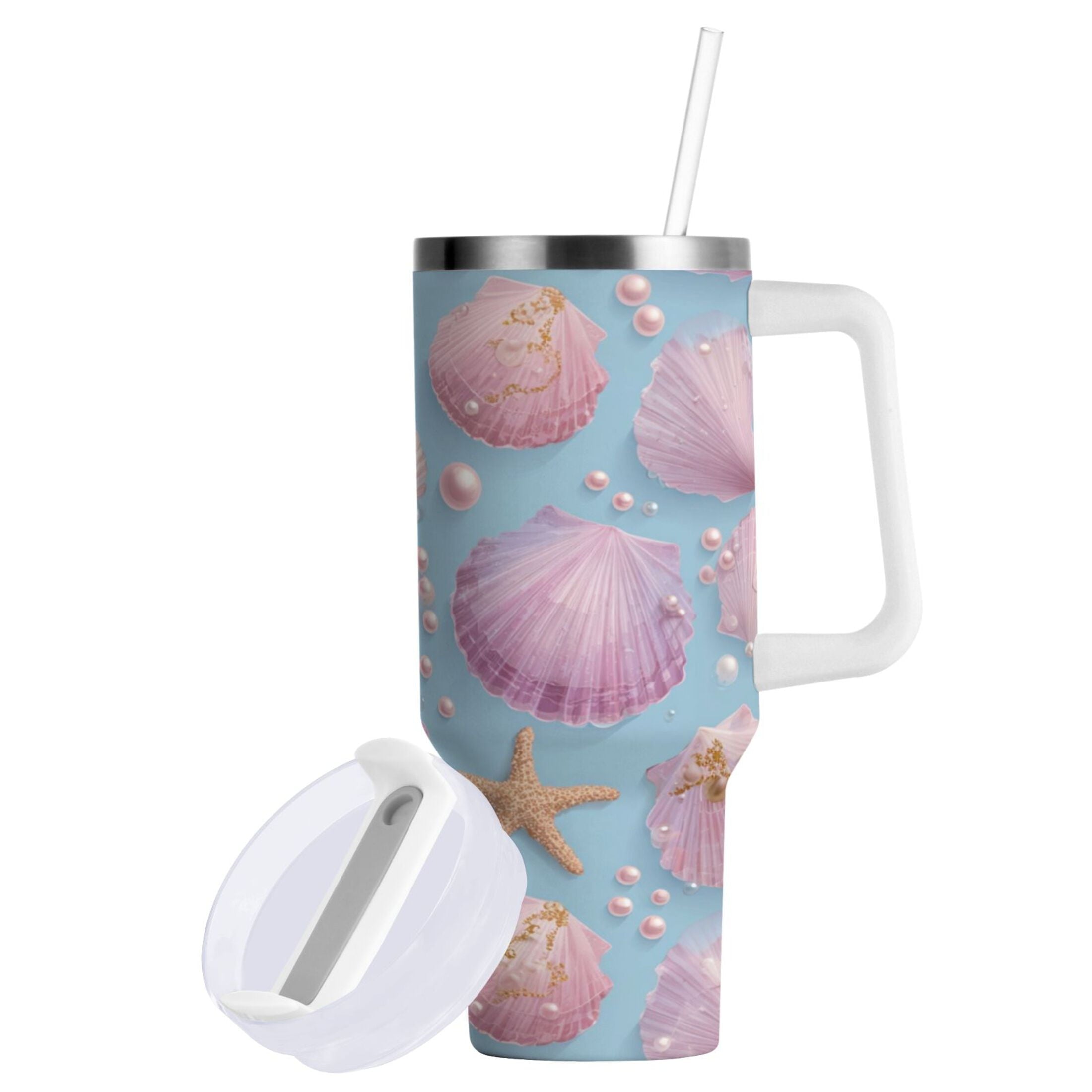40 oz Insulated Stainless Steel Tumbler Double Wall Stainless Steel Tumbler with 2-Way Drinking Seashells and Pearls Pattern I05D