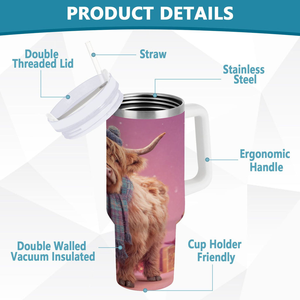 30 oz Insulated Stainless Steel Tumbler Double Wall Stainless Steel Tumbler with 2-Way Drinking Cow Wearing Christmas DVB9