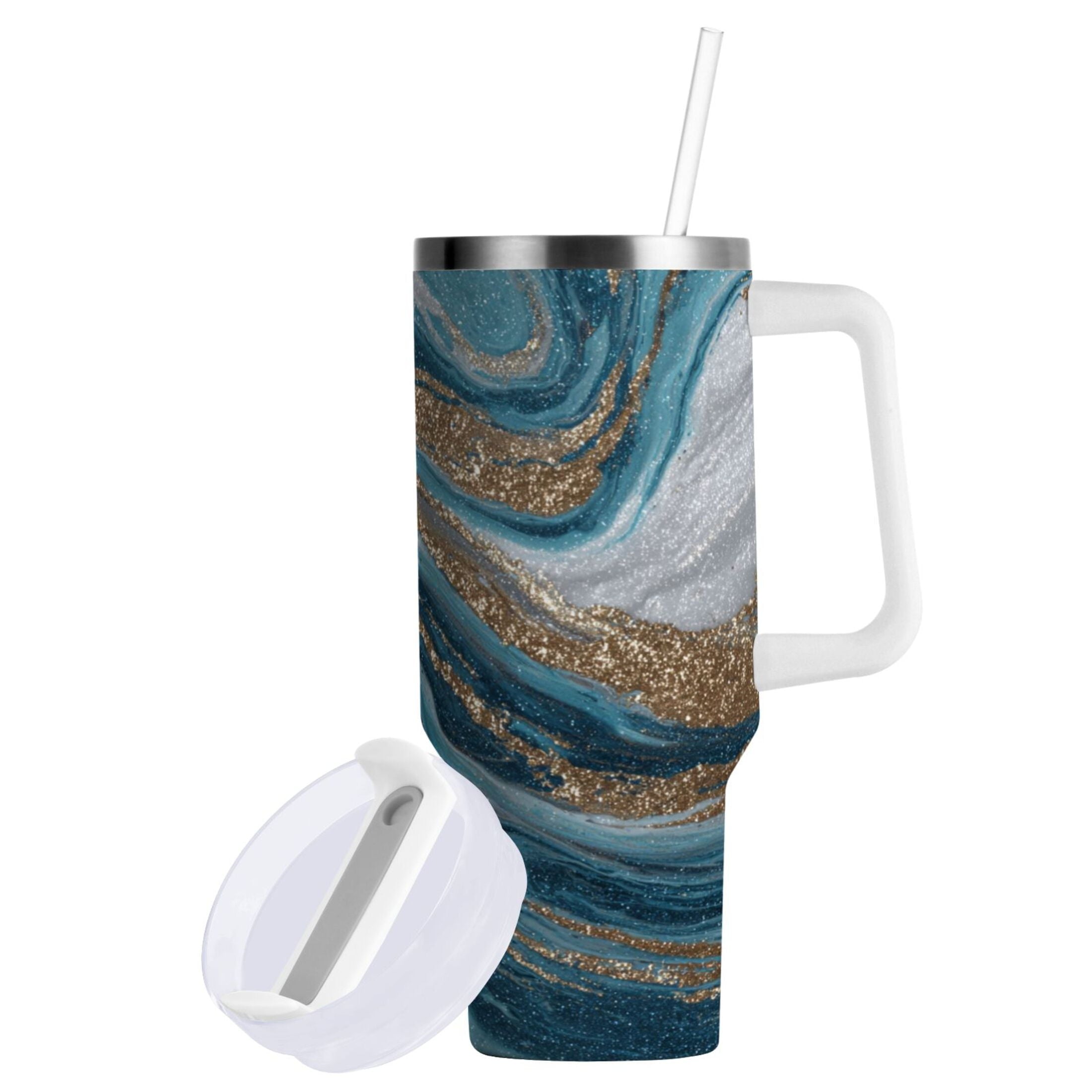 30 oz Insulated Stainless Steel Tumbler Double Wall Stainless Steel Tumbler with 2-Way Drinking Blue and Gold Swirling Z93Y
