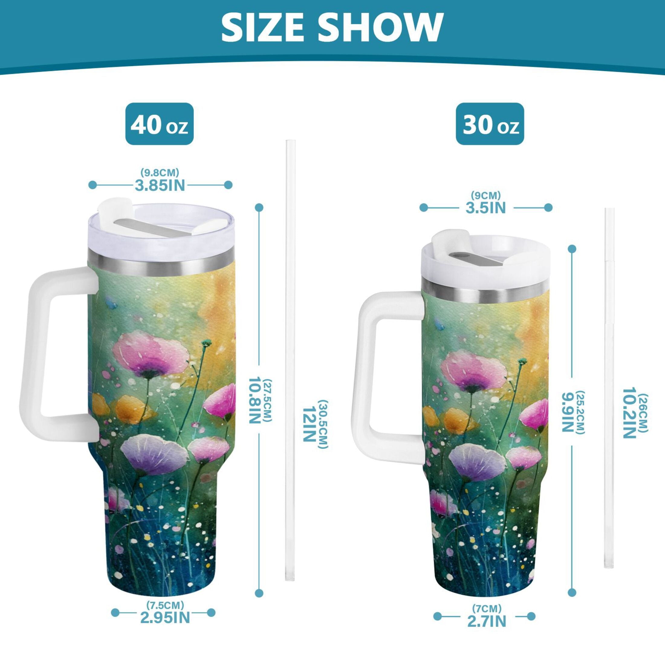 30 oz Insulated Stainless Steel Tumbler Double Wall Stainless Steel Tumbler with 2-Way Drinking Watercolor Wildflowers TQQX