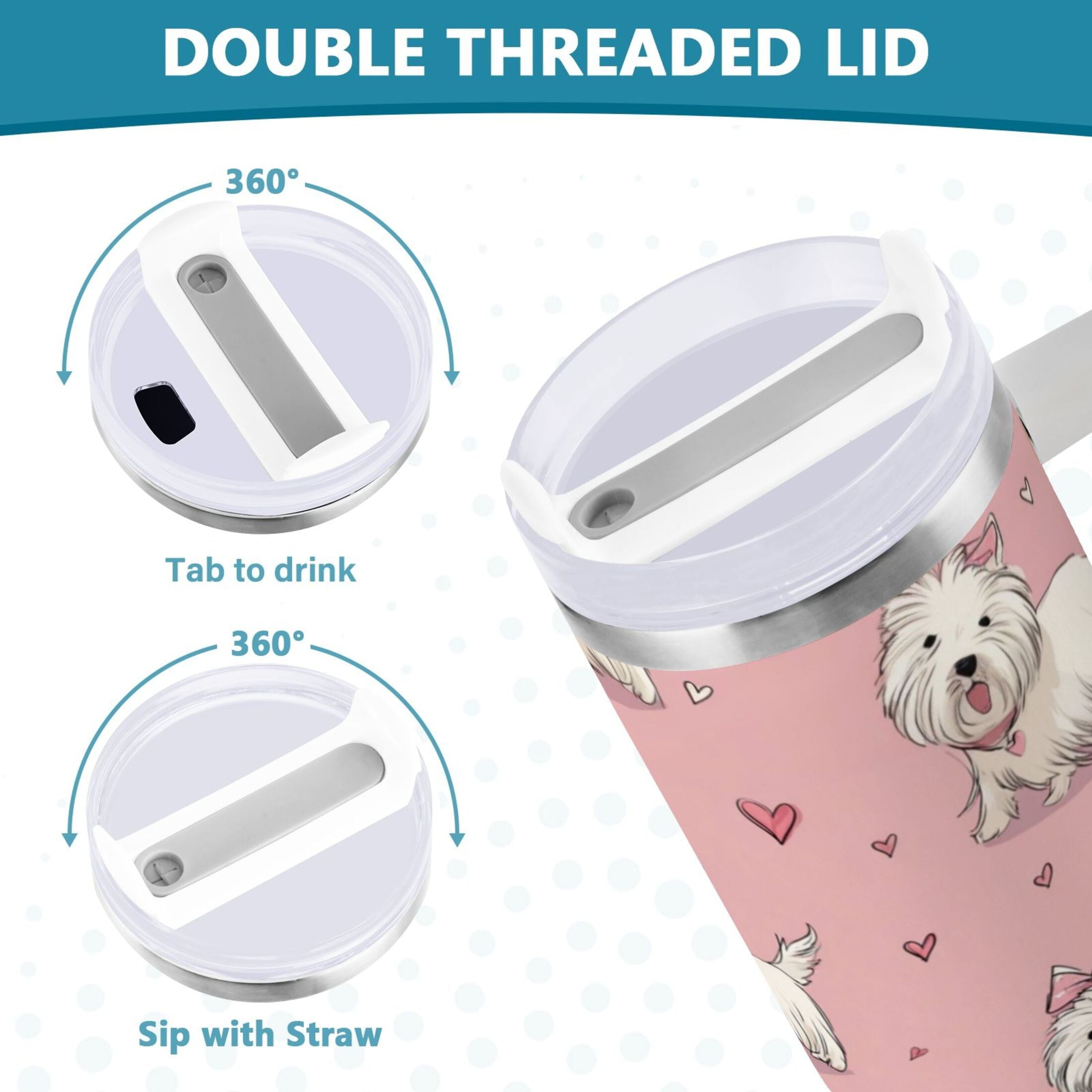 30 oz Insulated Stainless Steel Tumbler Double Wall Stainless Steel Tumbler with 2-Way Drinking Dogs Wearing Bows 9QI6
