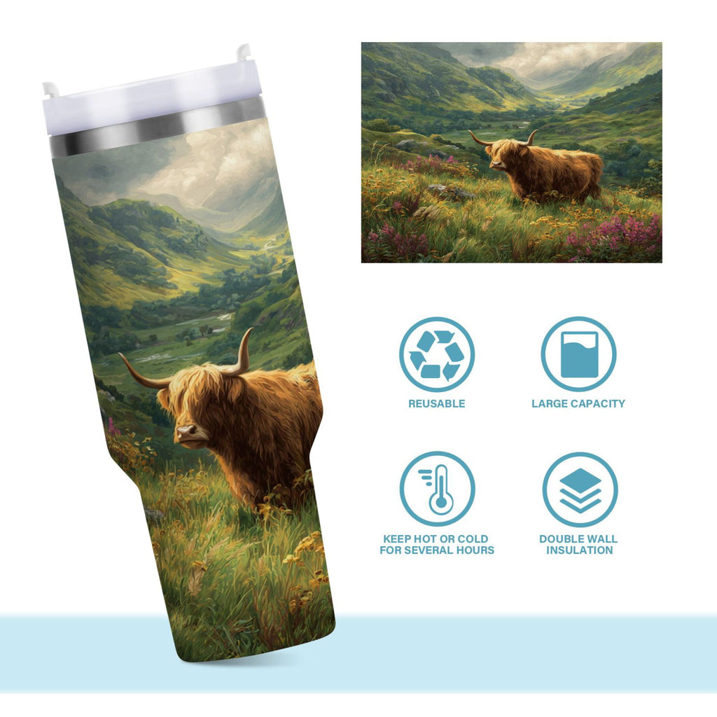 30 oz Insulated Stainless Steel Tumbler Double Wall Stainless Steel Tumbler with 2-Way Drinking Cow in Green Rolling Hills Q5MV
