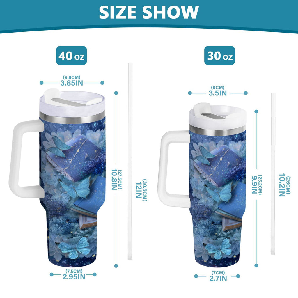 30 oz Insulated Stainless Steel Tumbler Double Wall Stainless Steel Tumbler with 2-Way Drinking Butterflies Books and Flowers WSP8
