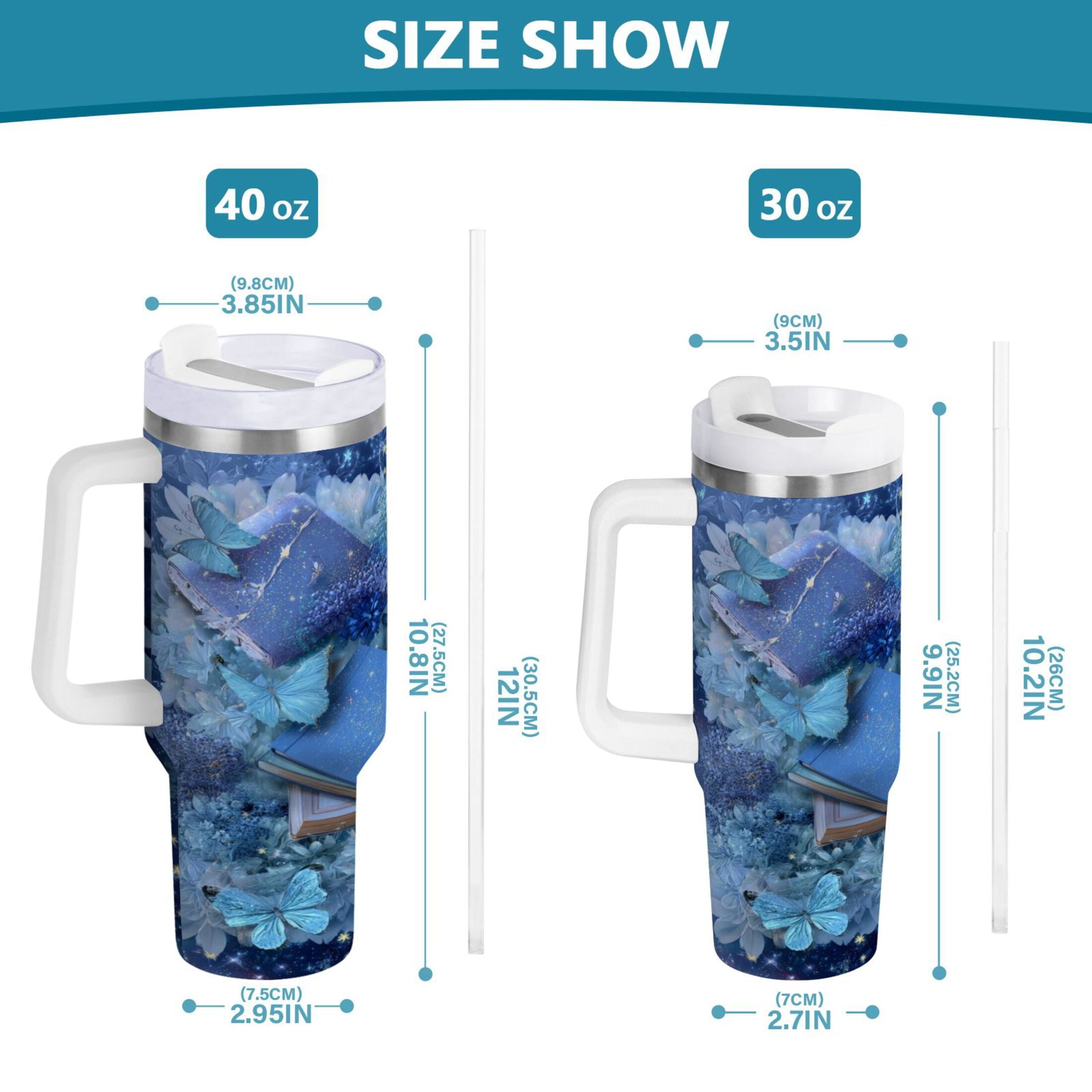 30 oz Insulated Stainless Steel Tumbler Double Wall Stainless Steel Tumbler with 2-Way Drinking Butterflies Books and Flowers WSP8