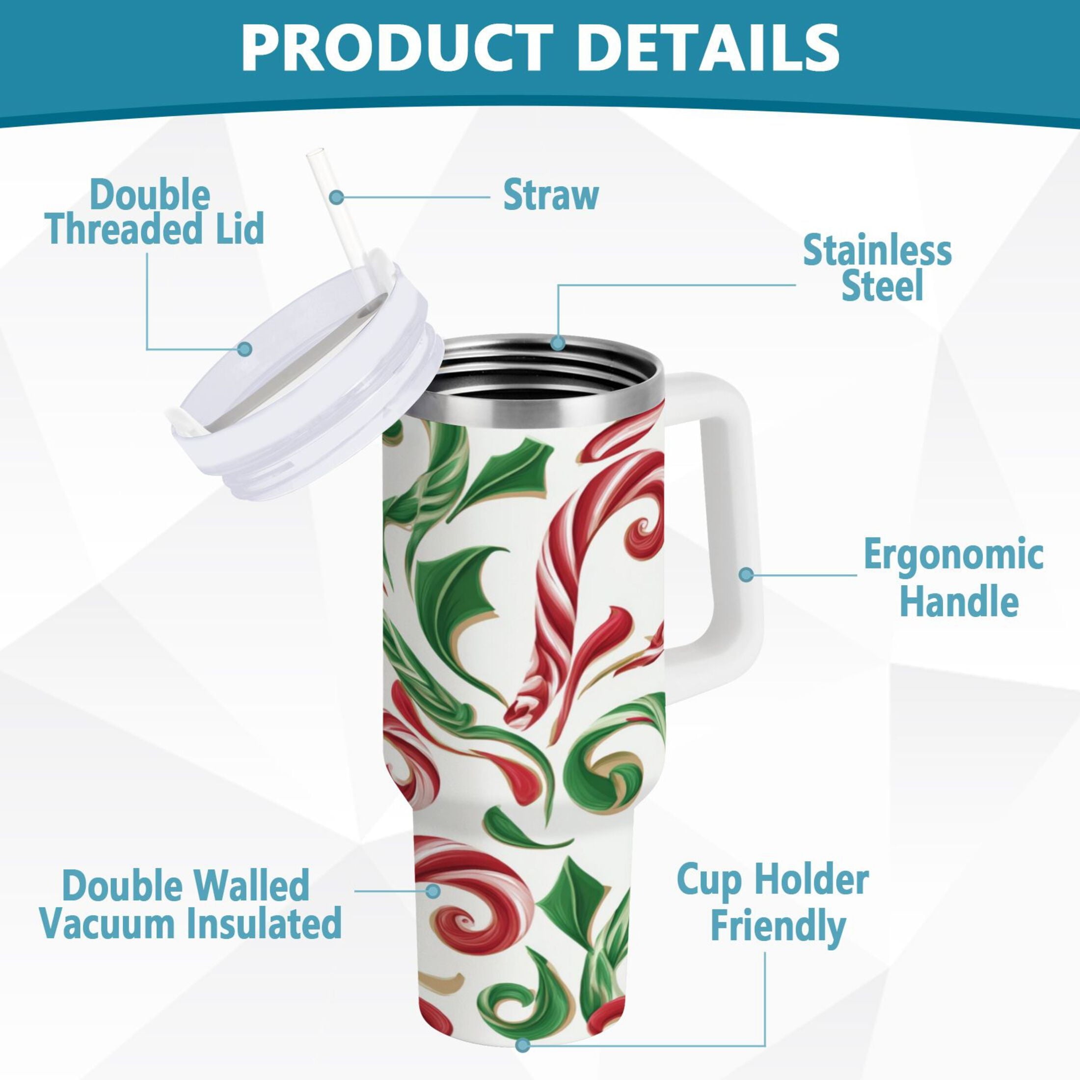 40 oz Insulated Stainless Steel Tumbler Double Wall Stainless Steel Tumbler with 2-Way Drinking Red and Green Candy-cane ARAG