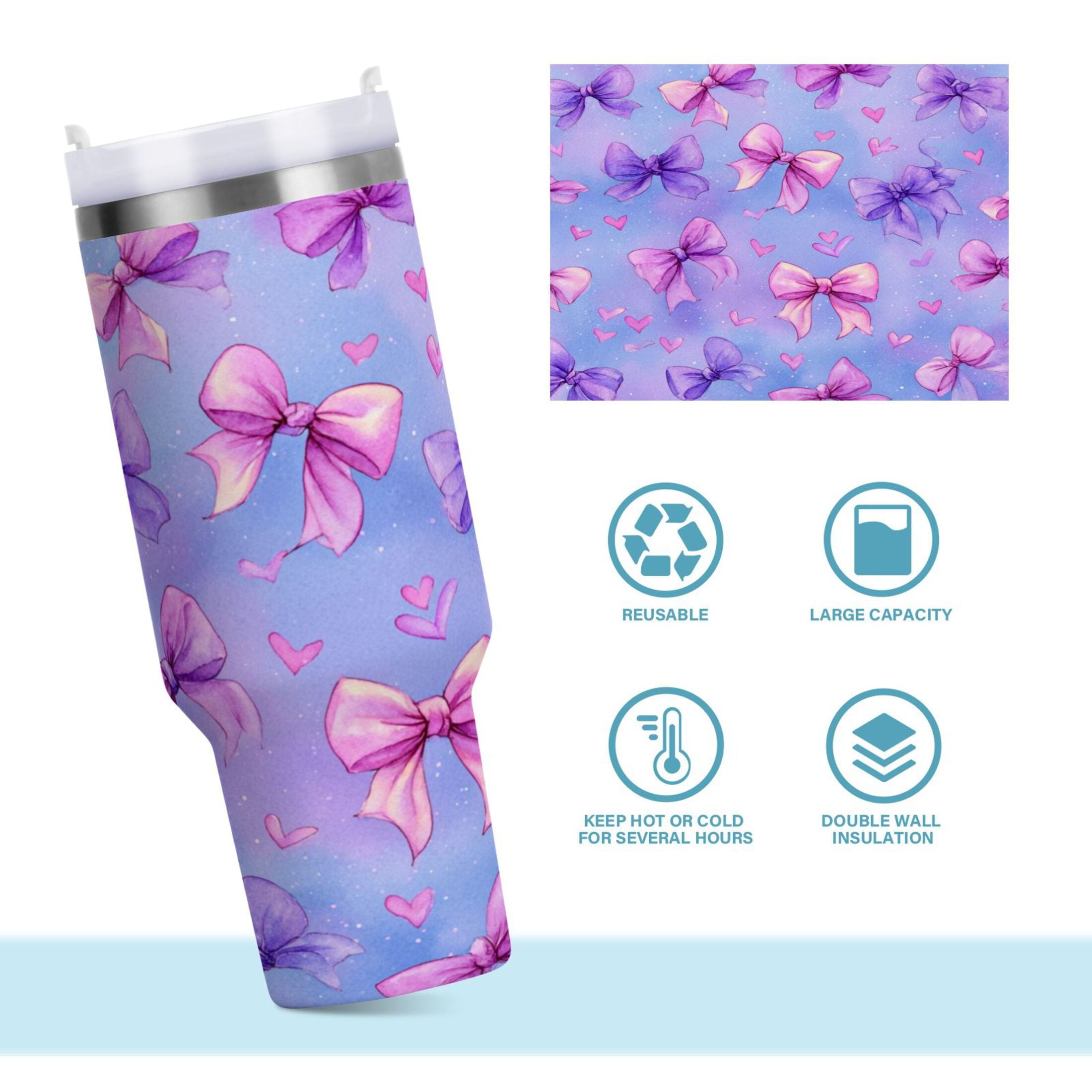 30 oz Insulated Stainless Steel Tumbler Double Wall Stainless Steel Tumbler with 2-Way Drinking Watercolor Bows Pattern CILF