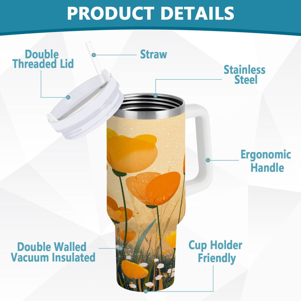 30 oz Insulated Stainless Steel Tumbler Double Wall Stainless Steel Tumbler with 2-Way Drinking Yellow Flowers on The Grass 3AFR
