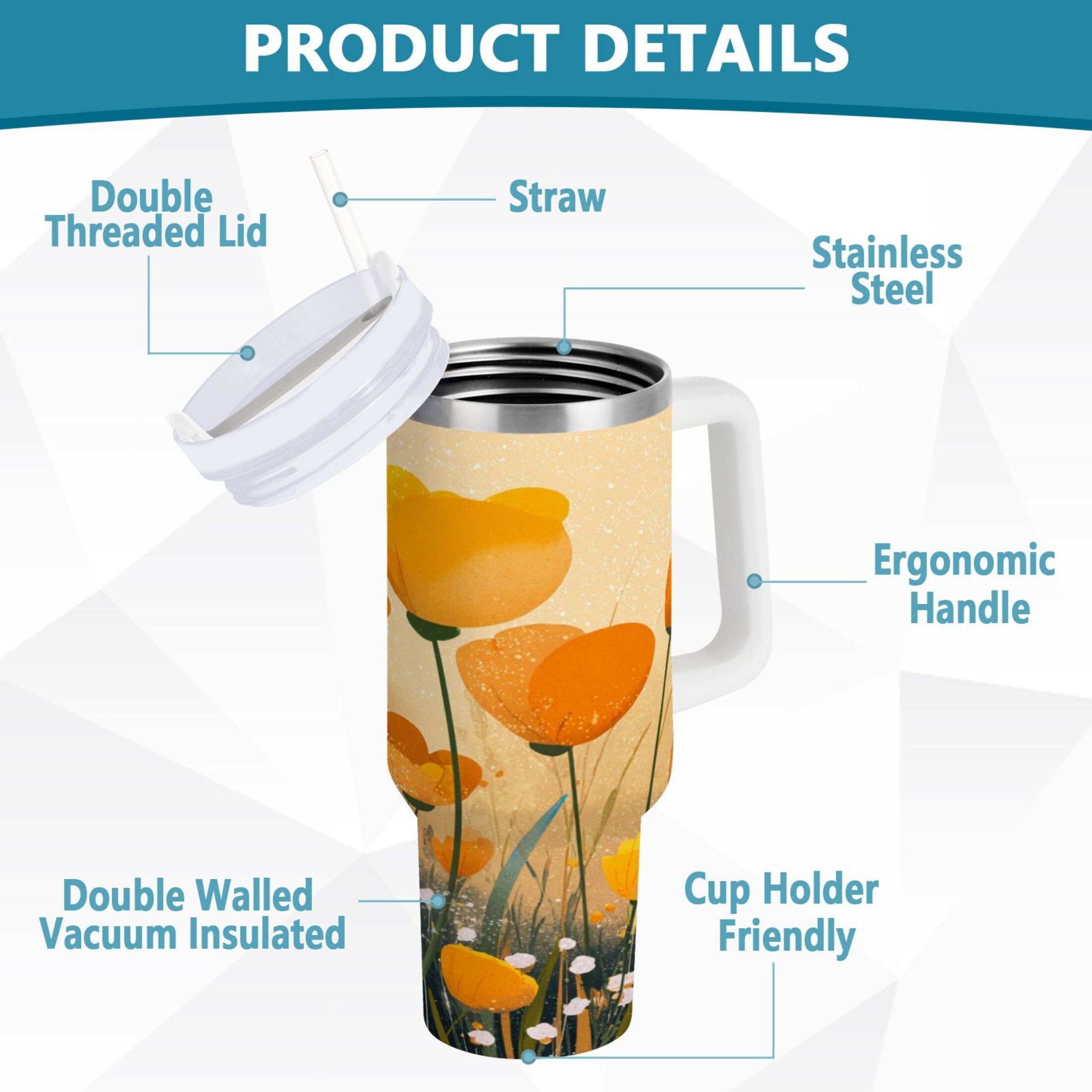 30 oz Insulated Stainless Steel Tumbler Double Wall Stainless Steel Tumbler with 2-Way Drinking Yellow Flowers on The Grass 3AFR