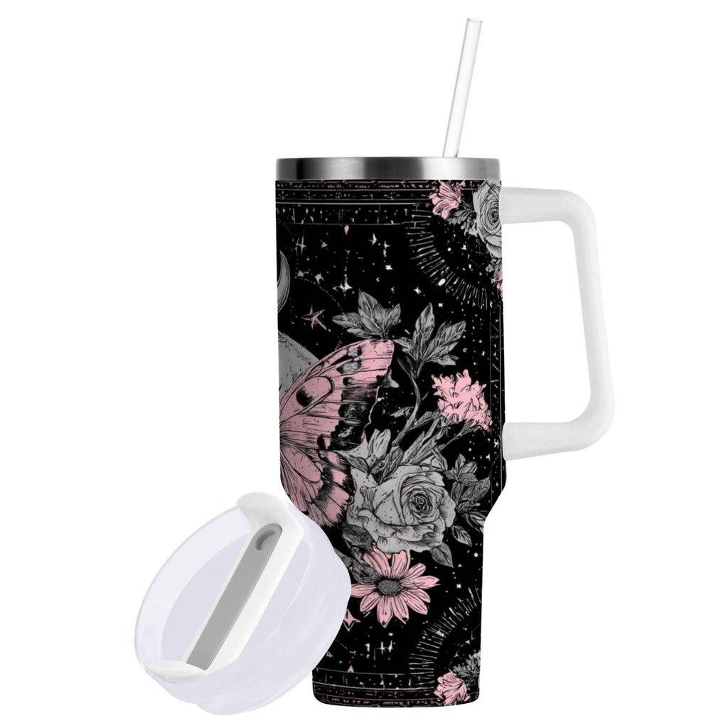 30 oz Insulated Stainless Steel Tumbler Double Wall Stainless Steel Tumbler with 2-Way Drinking Butterfly by Moon and Flowers 8DPL
