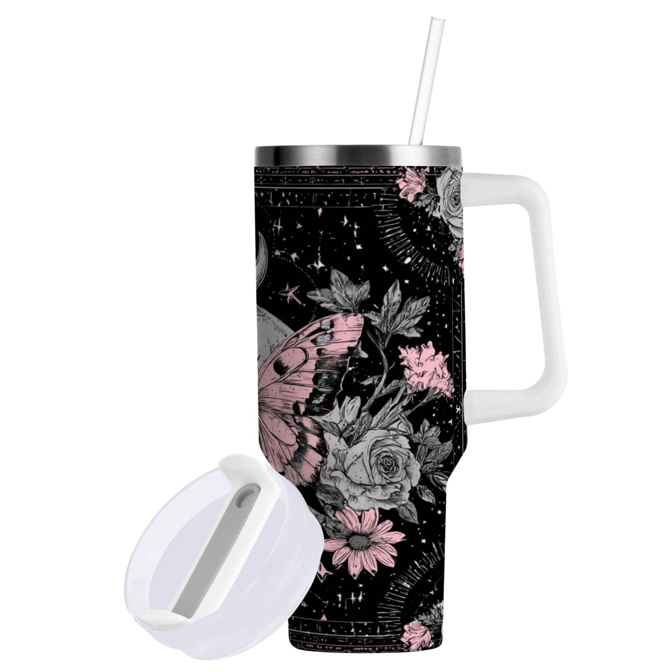 30 oz Insulated Stainless Steel Tumbler Double Wall Stainless Steel Tumbler with 2-Way Drinking Butterfly by Moon and Flowers 8DPL