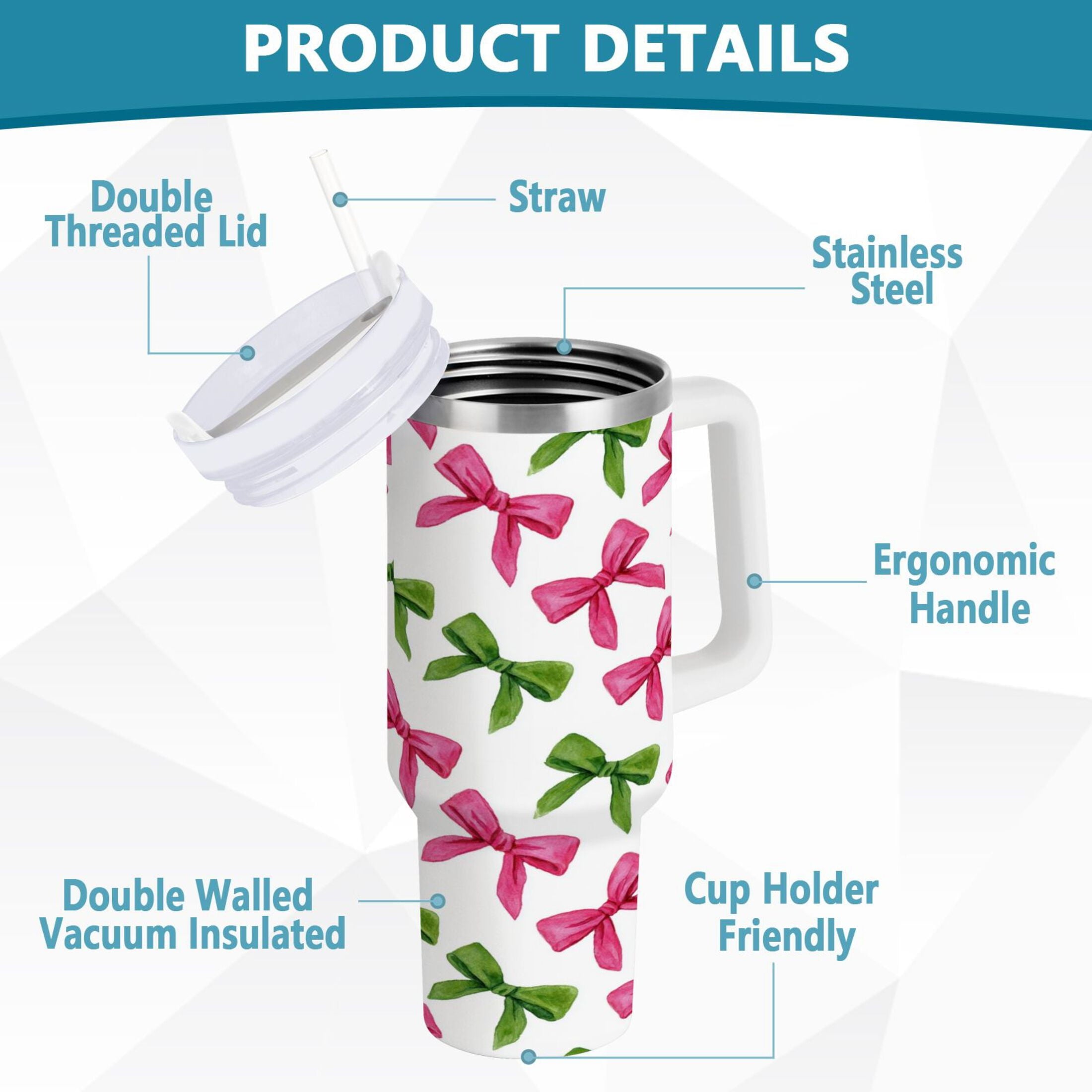 30 oz Insulated Stainless Steel Tumbler Double Wall Stainless Steel Tumbler with 2-Way Drinking Pink Bows and Green Ribbons QIXB
