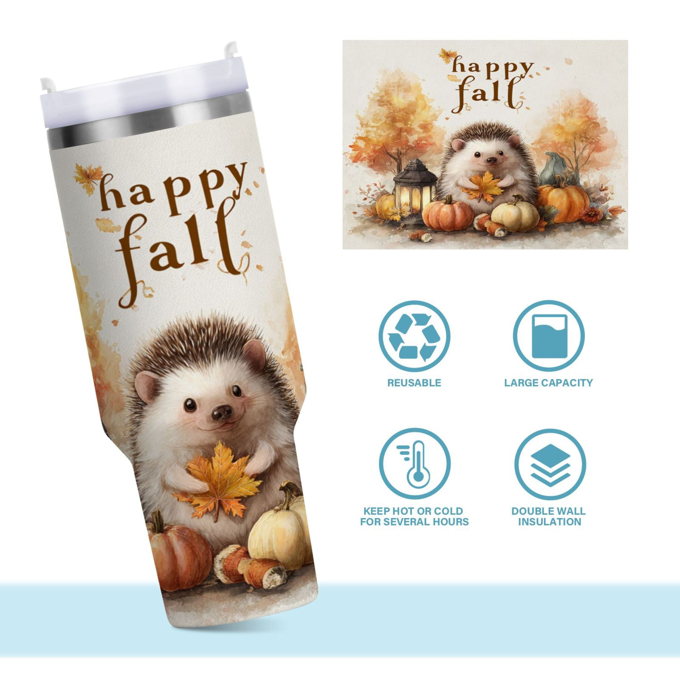 30 oz Insulated Stainless Steel Tumbler Double Wall Stainless Steel Tumbler with 2-Way Drinking Cute Little Hedgehog 9LFP