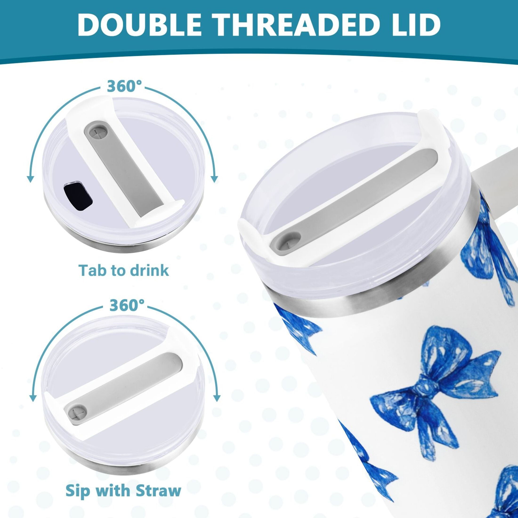 30 oz Insulated Stainless Steel Tumbler Double Wall Stainless Steel Tumbler with 2-Way Drinking Blue Bows Pattern KPPX