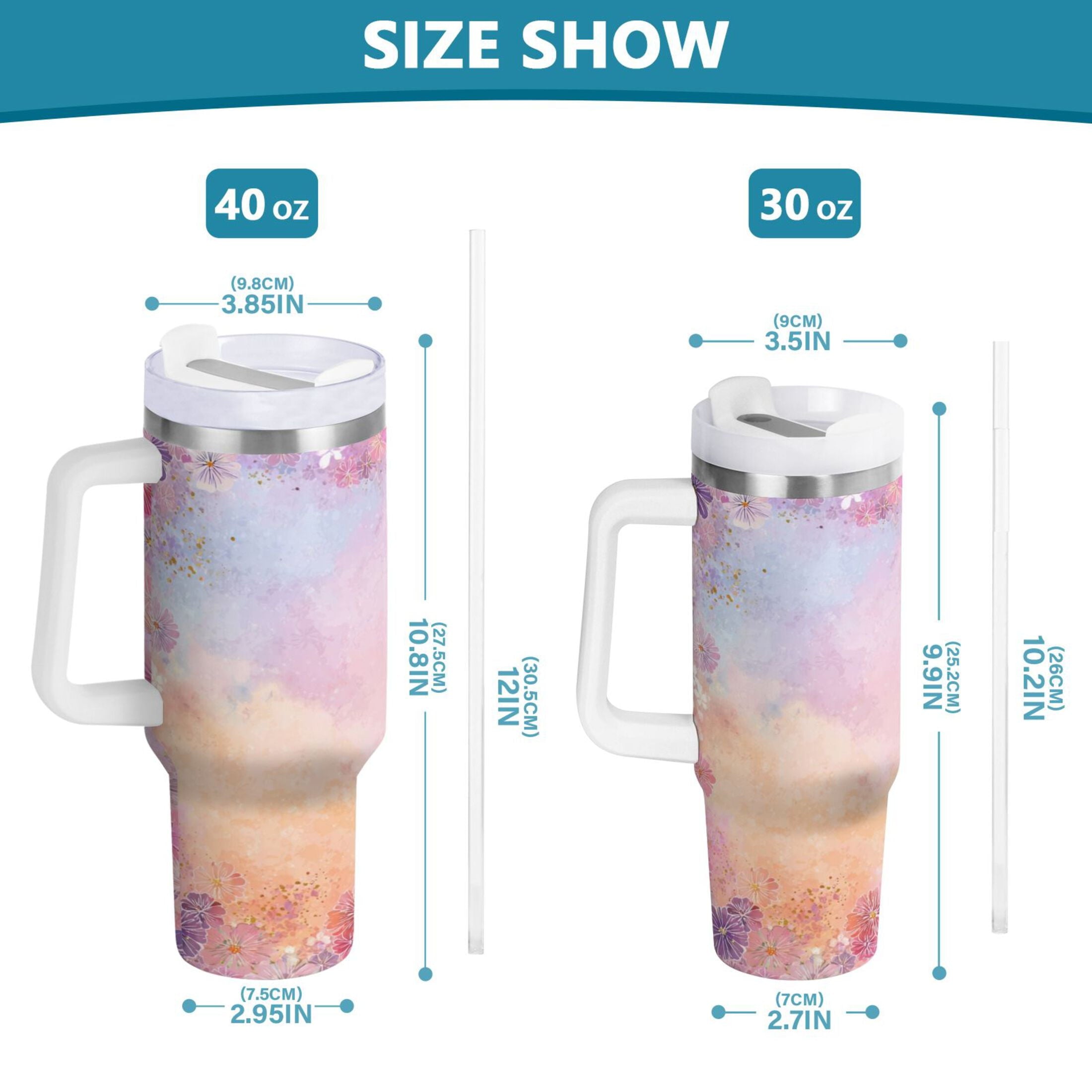 30 oz Insulated Stainless Steel Tumbler Double Wall Stainless Steel Tumbler with 2-Way Drinking Colorful Pastel Floral Pattern R0CV