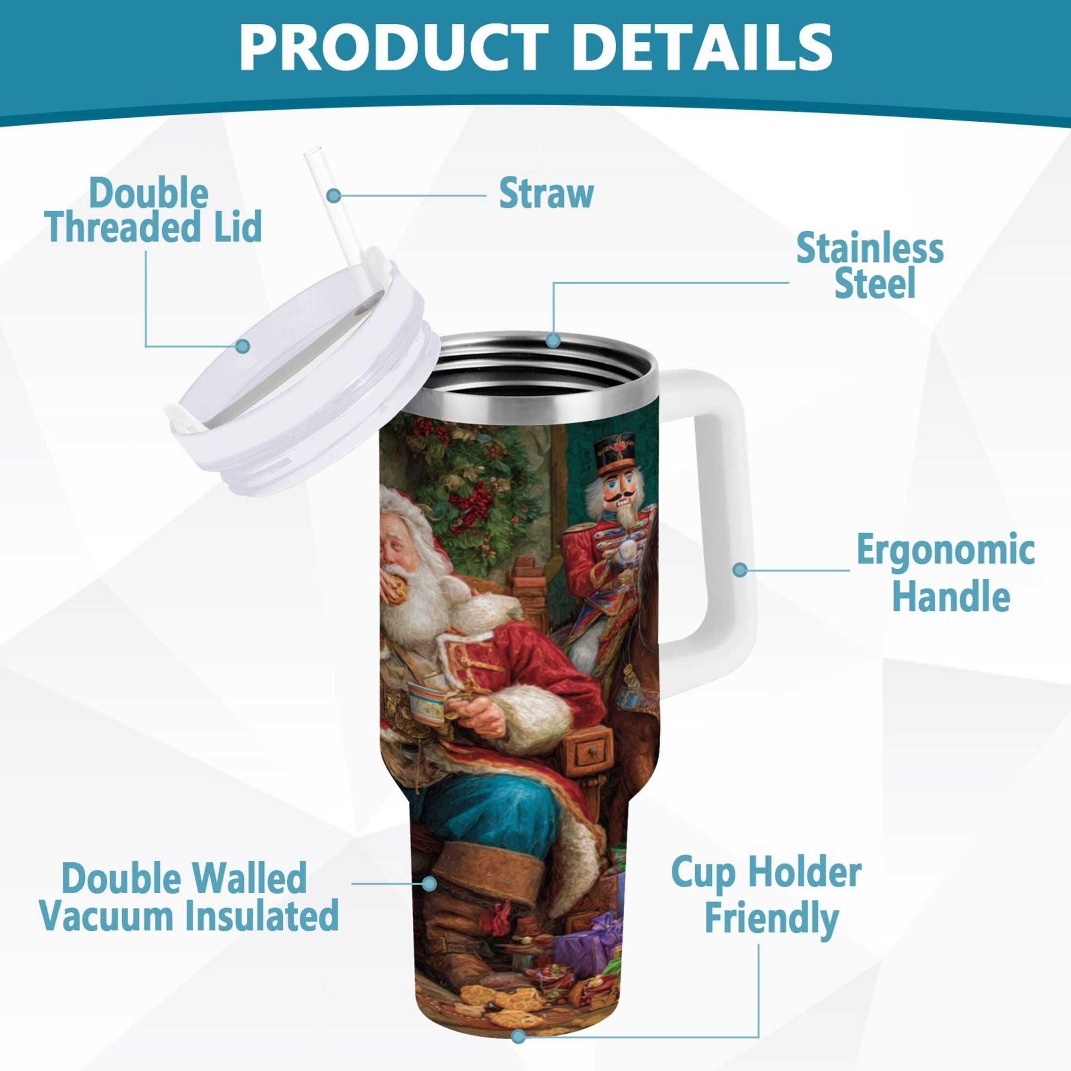 40 oz Insulated Stainless Steel Tumbler Double Wall Stainless Steel Tumbler with 2-Way Drinking Santa Eating Cookies BLL6
