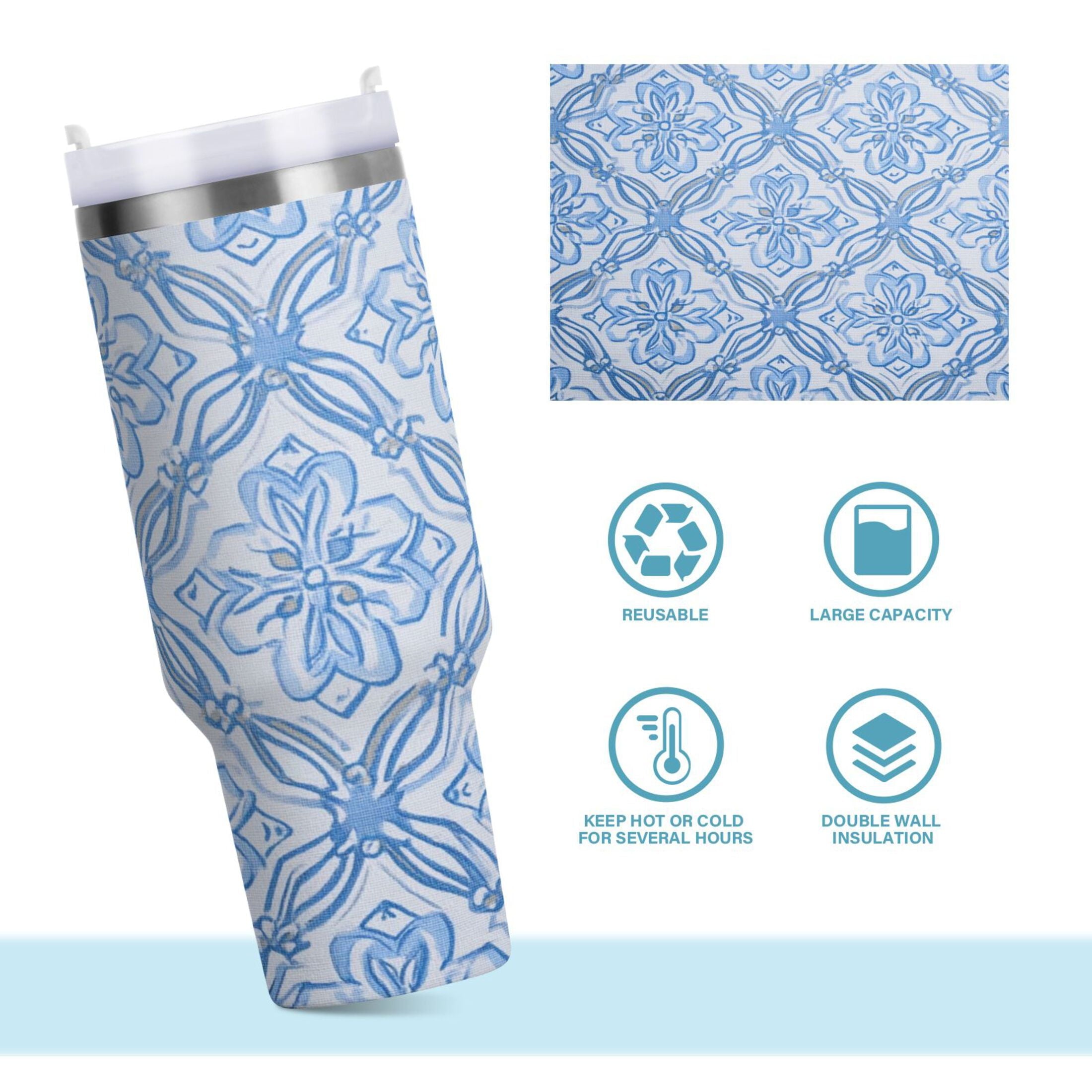 30 oz Insulated Stainless Steel Tumbler Double Wall Stainless Steel Tumbler with 2-Way Drinking Blue Elegant Geometric Design TOLQ