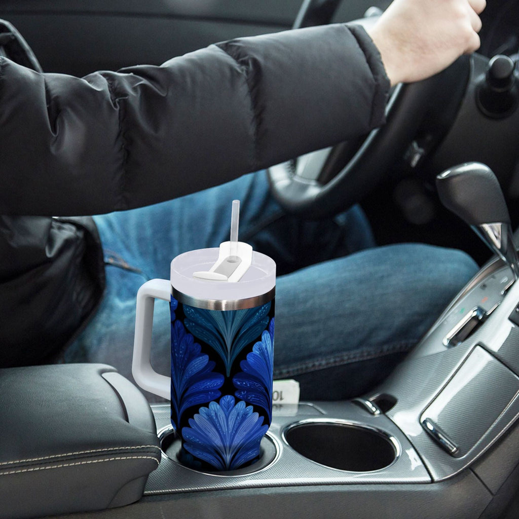 30 oz Insulated Stainless Steel Tumbler Double Wall Stainless Steel Tumbler with 2-Way Drinking Blue Batik Leaves Pattern ERED
