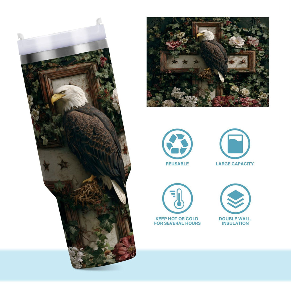 30 oz Insulated Stainless Steel Tumbler Double Wall Stainless Steel Tumbler with 2-Way Drinking Wreath and Bald Eagle C5SG
