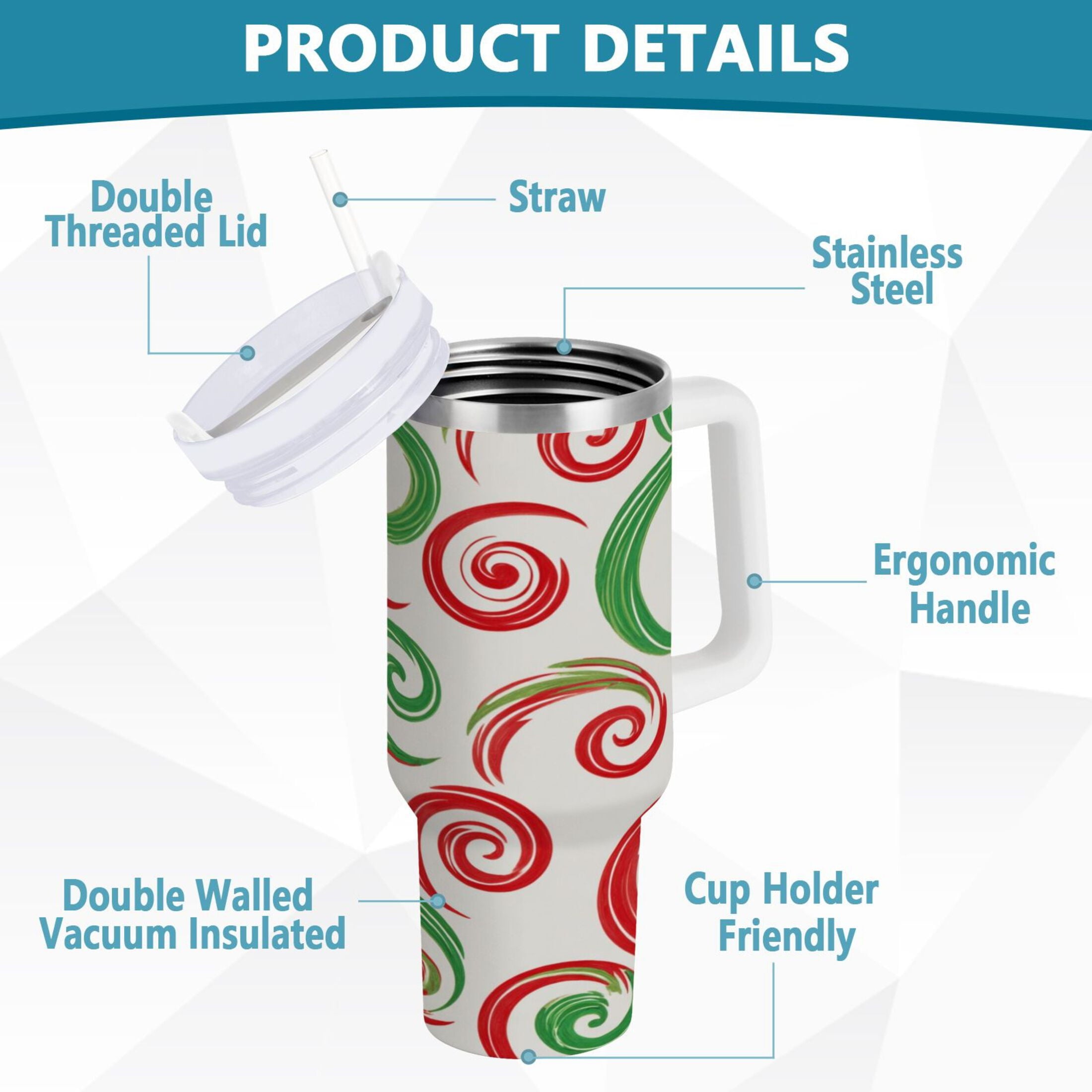 40 oz Insulated Stainless Steel Tumbler Double Wall Stainless Steel Tumbler with 2-Way Drinking Red and Green Swirls 7ABL