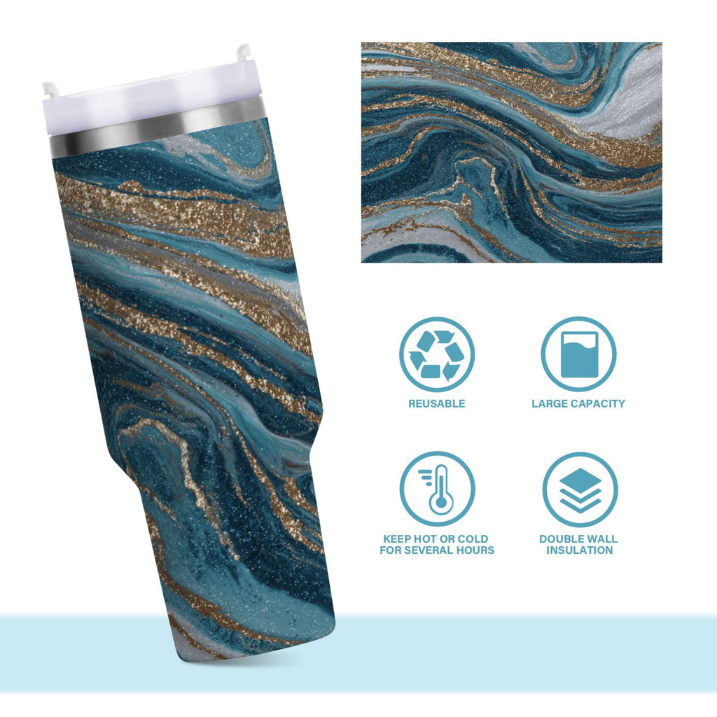 30 oz Insulated Stainless Steel Tumbler Double Wall Stainless Steel Tumbler with 2-Way Drinking Blue and Gold Swirling Z93Y