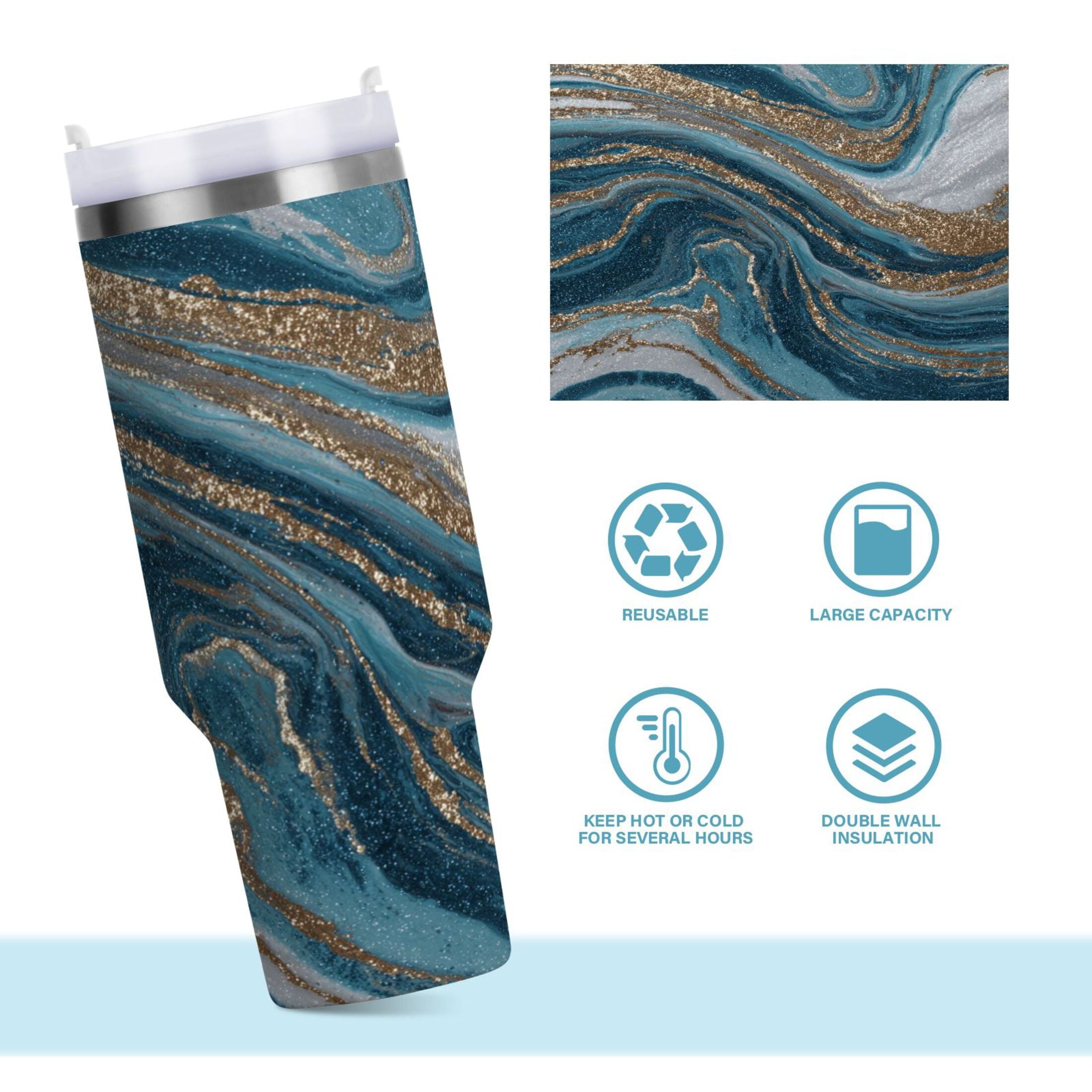 30 oz Insulated Stainless Steel Tumbler Double Wall Stainless Steel Tumbler with 2-Way Drinking Blue and Gold Swirling Z93Y
