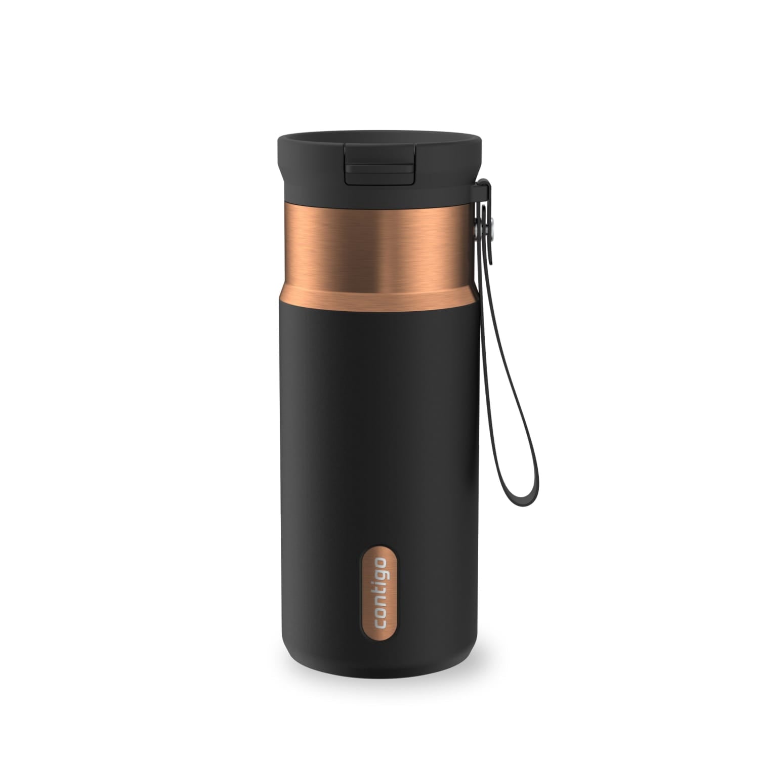 Contigo SnapSeal Leakproof Stainless Steel Reusable Water Bottle with Carrying Strap, Black/Bronze, 16 oz ER0X