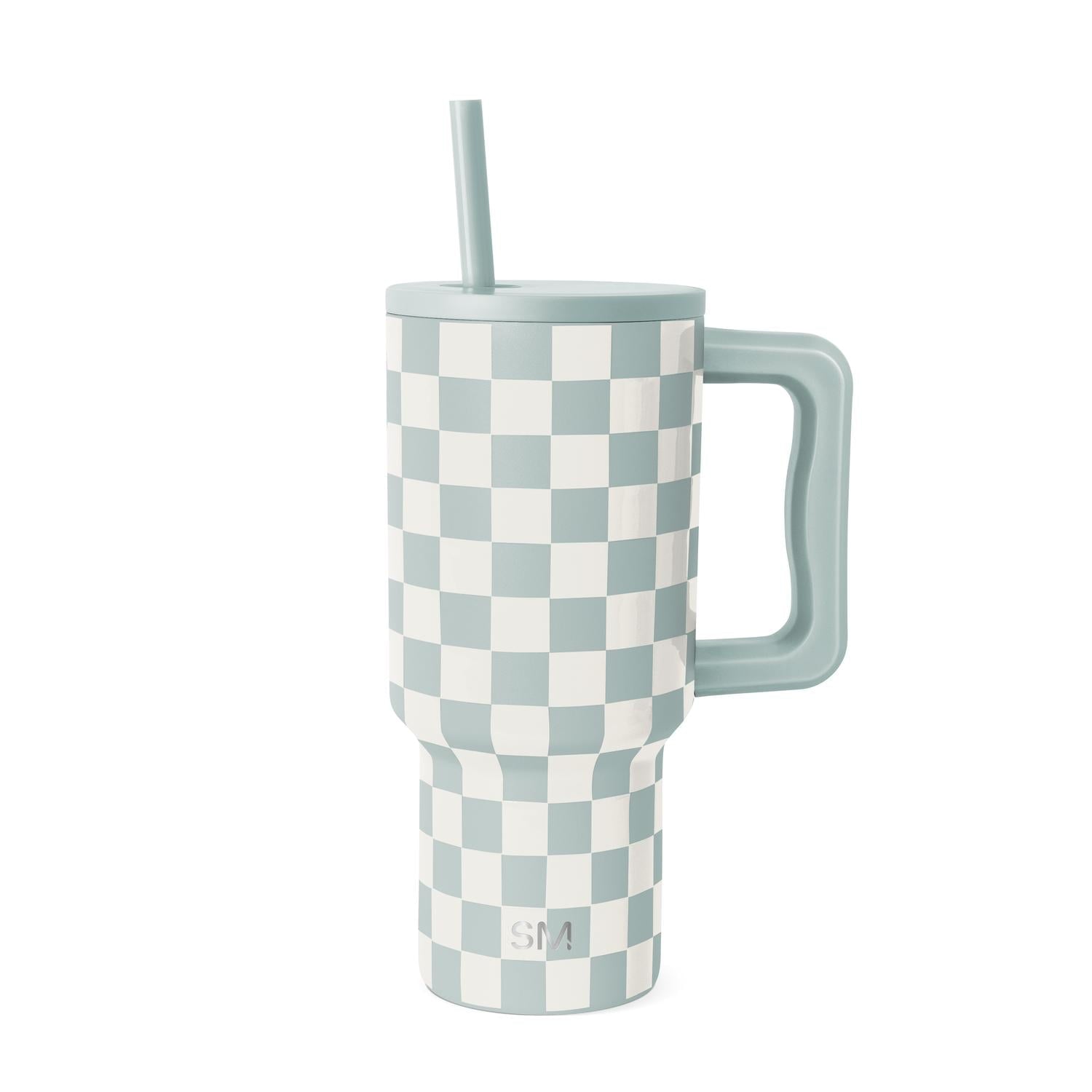 Simple Modern 30 fl oz Insulated Stainless Steel Trek Tumbler with Straw Lid | Seaglass Sage and Cream Checkmate 23VN
