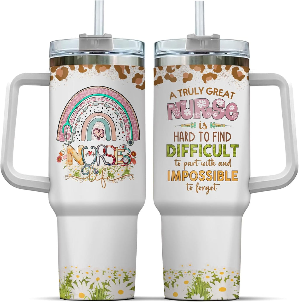 Tumbler 40 Oz With Handle Lid And Straw, Nurse Gifts, Black Camo White Engraved Print Travel Nurses Tumblers Handle Funny Cups Nursing For, Great Nurse Rainbow Daisy Flower DI5R