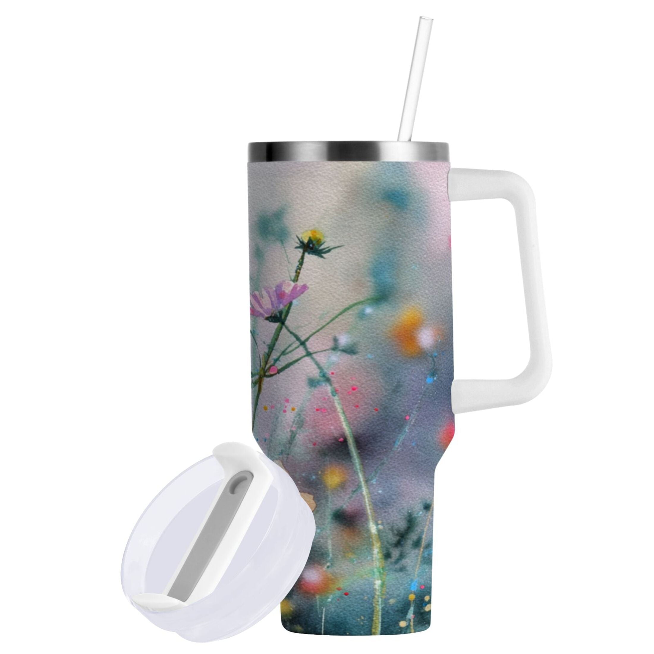 40 oz Insulated Stainless Steel Tumbler Double Wall Stainless Steel Tumbler with 2-Way Drinking Abstract Wildflowers 1CT7