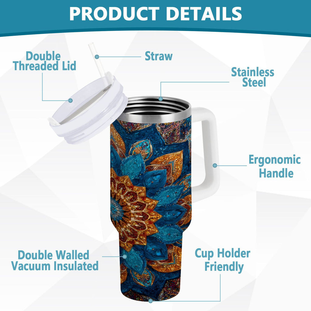 40 oz Insulated Stainless Steel Tumbler Double Wall Stainless Steel Tumbler with 2-Way Drinking Intricate Geometric Shapes CTOY