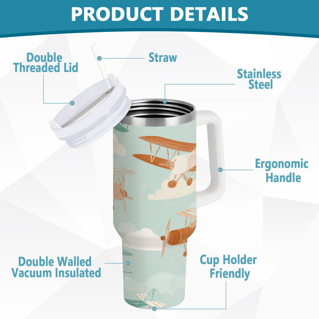 40 oz Insulated Stainless Steel Tumbler Double Wall Stainless Steel Tumbler with 2-Way Drinking Cute Airplanes D95L