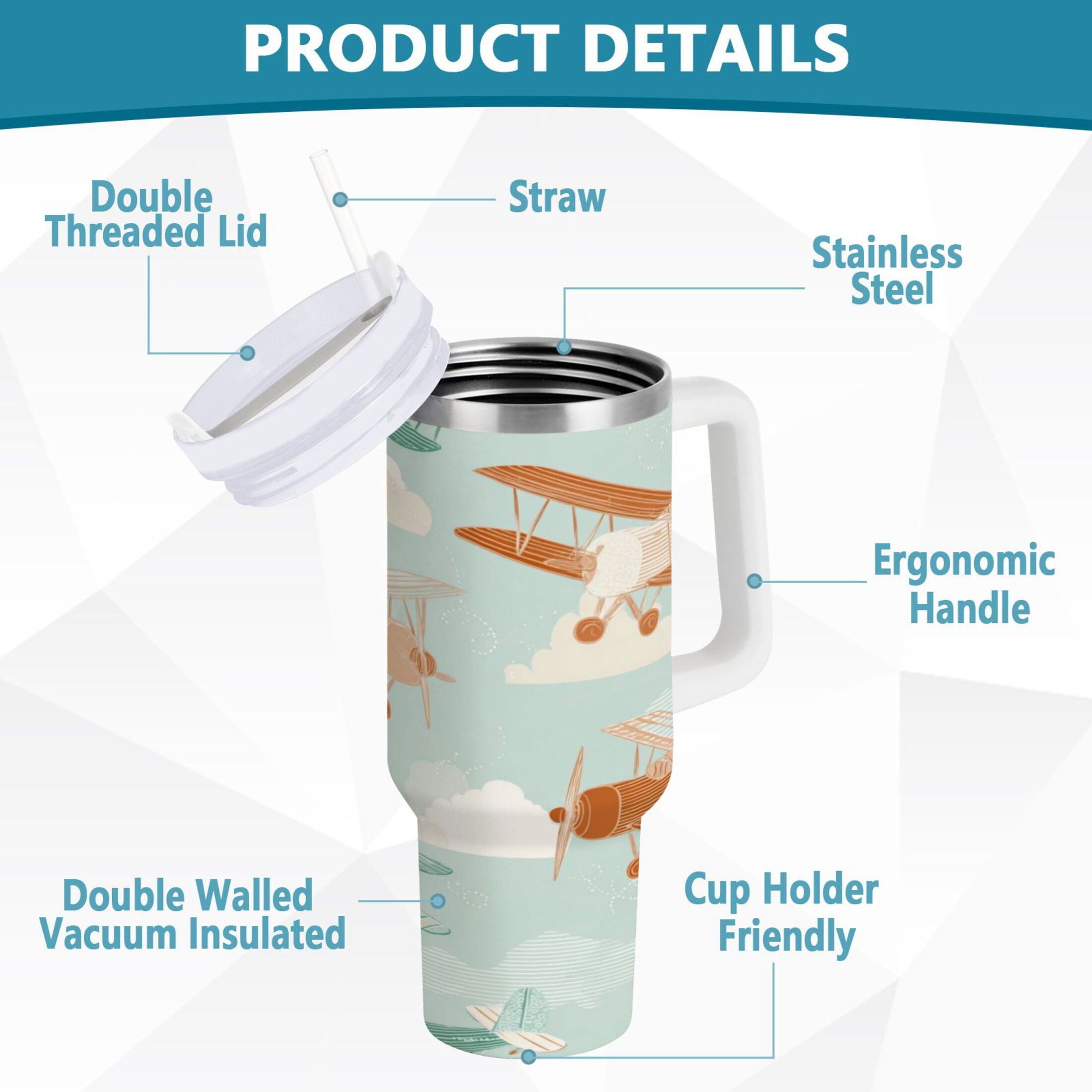 40 oz Insulated Stainless Steel Tumbler Double Wall Stainless Steel Tumbler with 2-Way Drinking Cute Airplanes D95L
