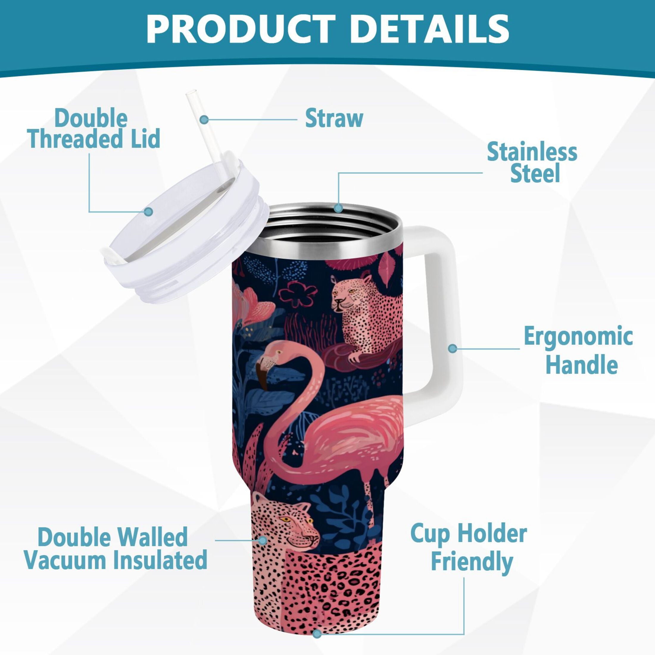 30 oz Insulated Stainless Steel Tumbler Double Wall Stainless Steel Tumbler with 2-Way Drinking Flamingos and Leopard Print UX3O