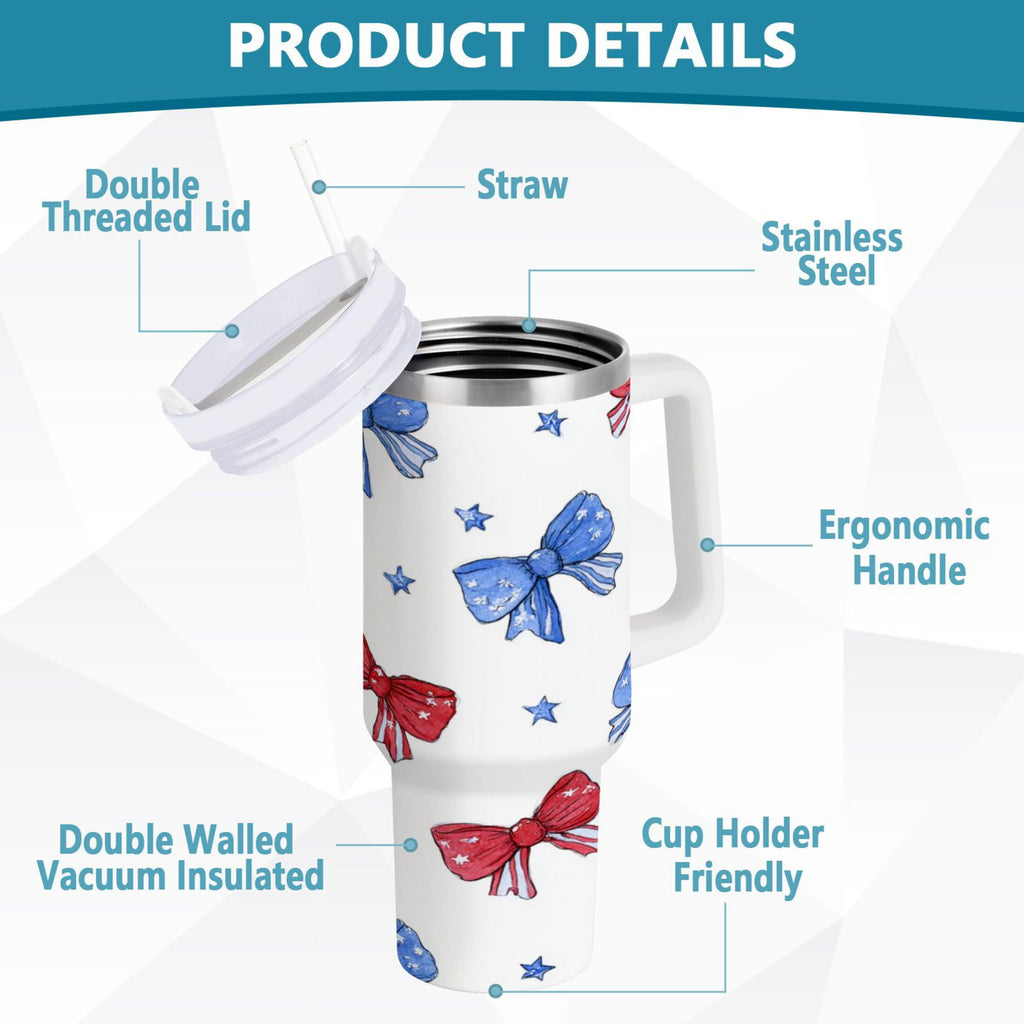 40 oz Insulated Stainless Steel Tumbler Double Wall Stainless Steel Tumbler with 2-Way Drinking Hand-drawn Bows 4FDY