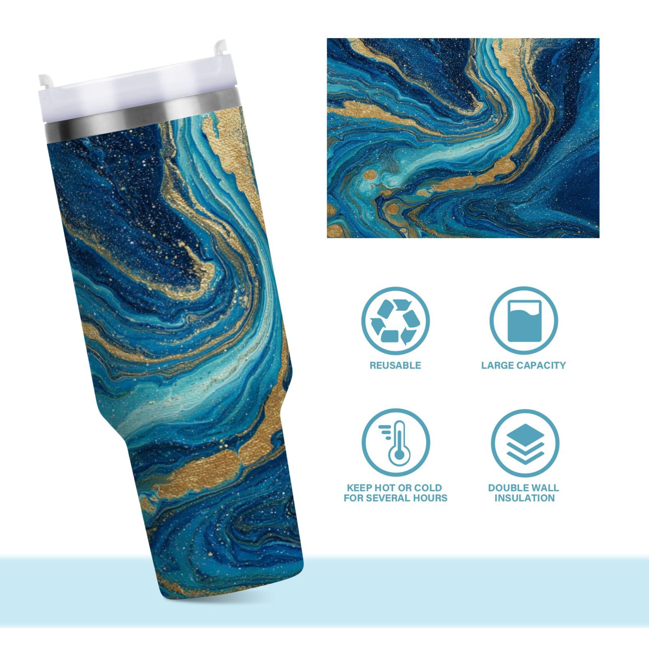 30 oz Insulated Stainless Steel Tumbler Double Wall Stainless Steel Tumbler with 2-Way Drinking Blue and Gold Ocean LNS9