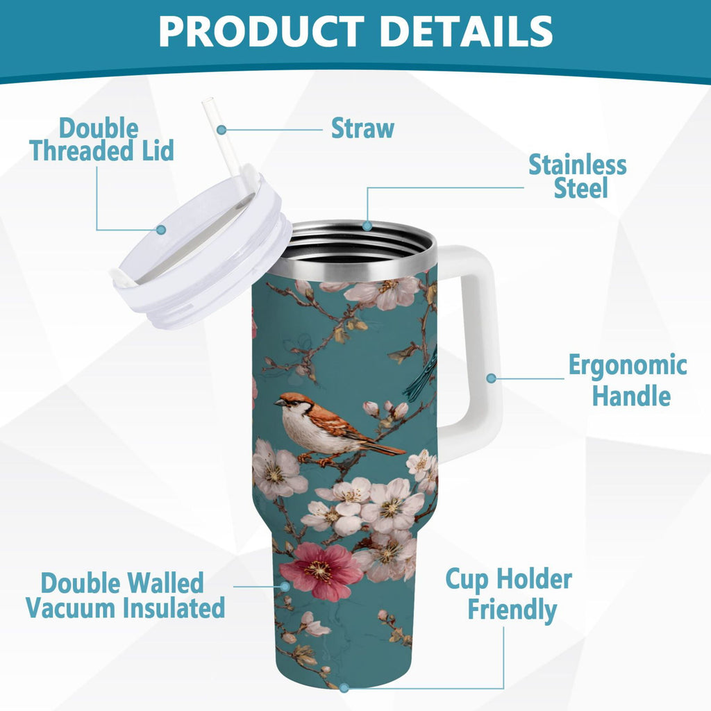 30 oz Insulated Stainless Steel Tumbler Double Wall Stainless Steel Tumbler with 2-Way Drinking Birds and Cherry Pattern S3GK