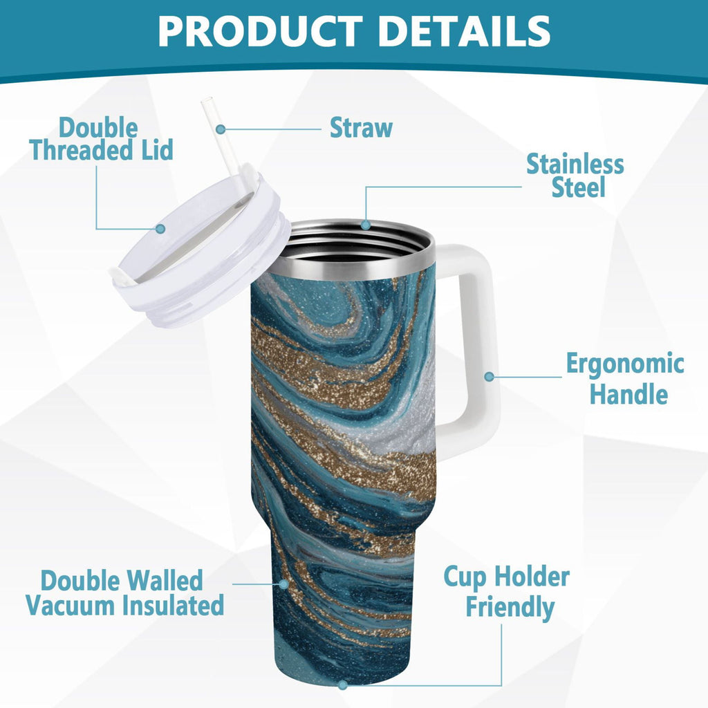 30 oz Insulated Stainless Steel Tumbler Double Wall Stainless Steel Tumbler with 2-Way Drinking Blue and Gold Swirling Z93Y