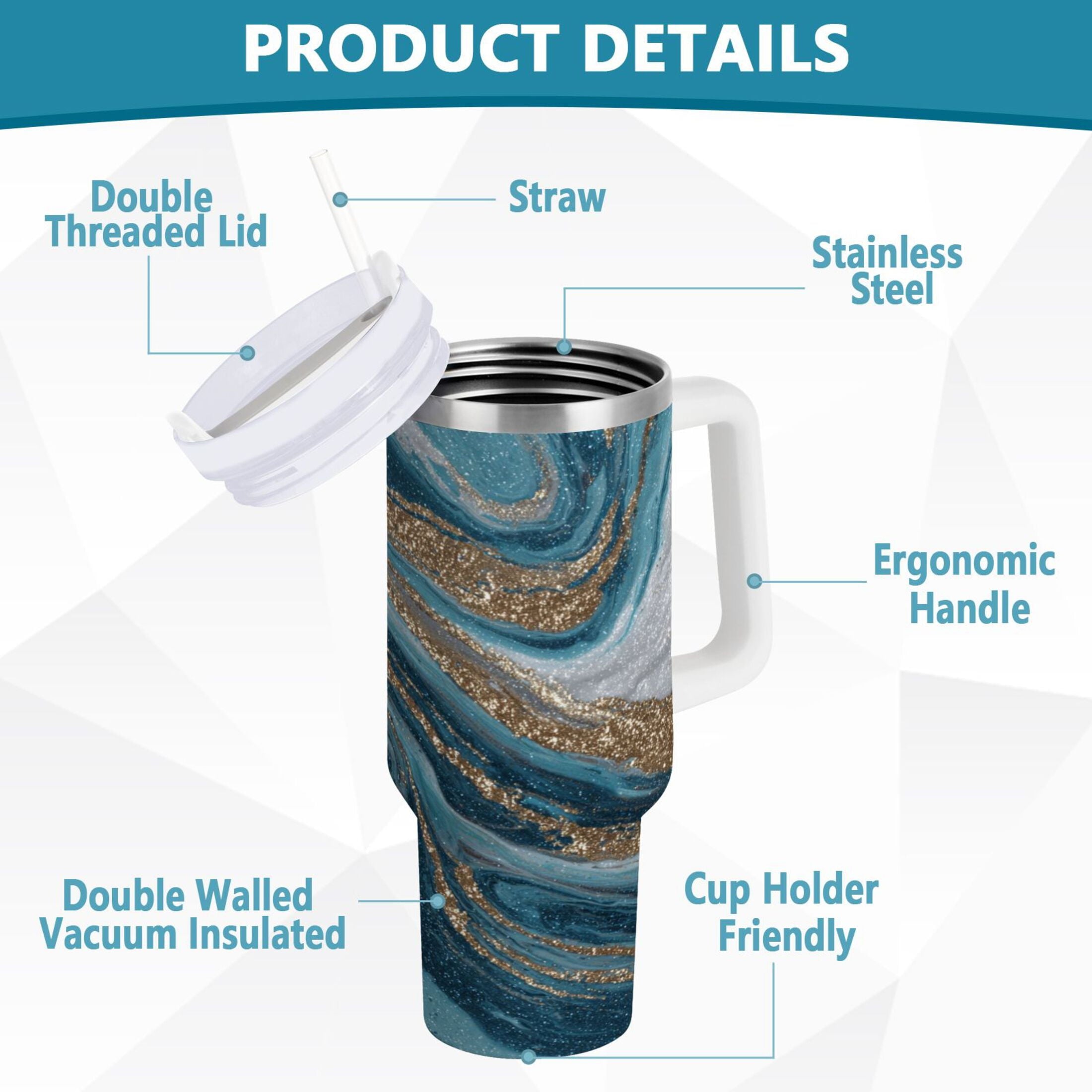 30 oz Insulated Stainless Steel Tumbler Double Wall Stainless Steel Tumbler with 2-Way Drinking Blue and Gold Swirling Z93Y