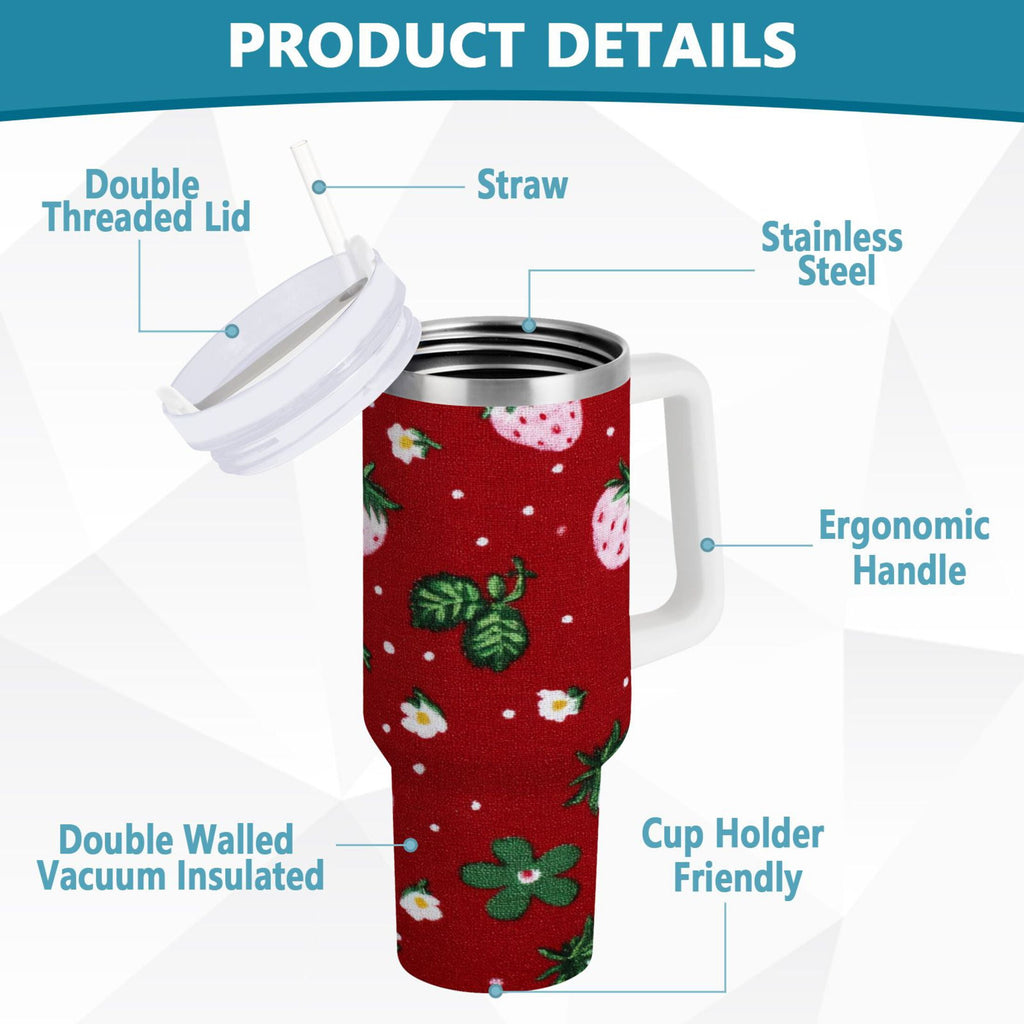 30 oz Insulated Stainless Steel Tumbler Double Wall Stainless Steel Tumbler with 2-Way Drinking Cute Pink Strawberry Pattern FMF0
