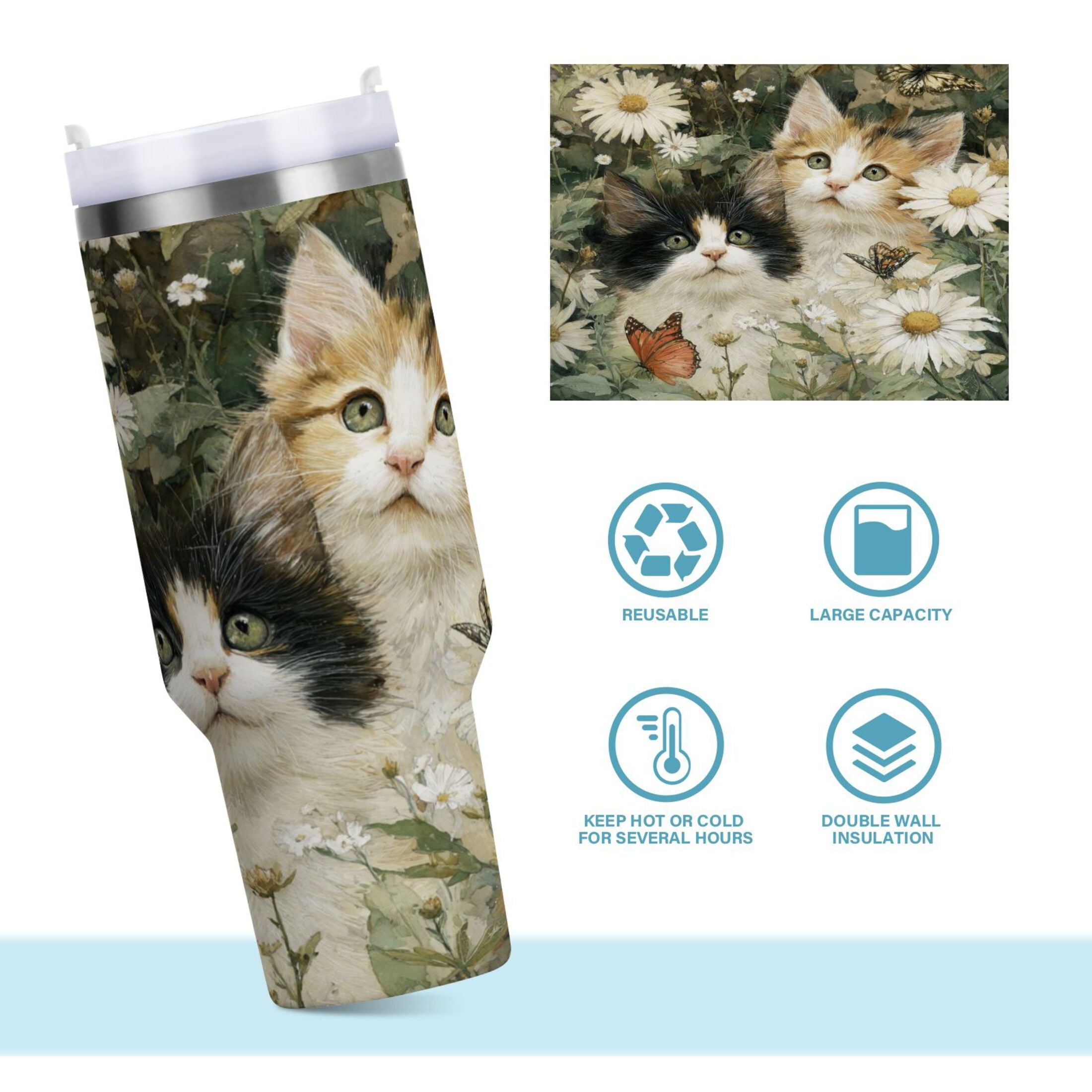 30 oz Insulated Stainless Steel Tumbler Double Wall Stainless Steel Tumbler with 2-Way Drinking Adorable Cats and Daisies 43FB