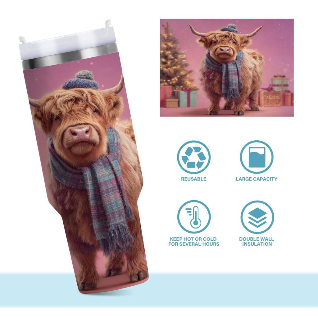 30 oz Insulated Stainless Steel Tumbler Double Wall Stainless Steel Tumbler with 2-Way Drinking Cow Wearing Christmas DVB9