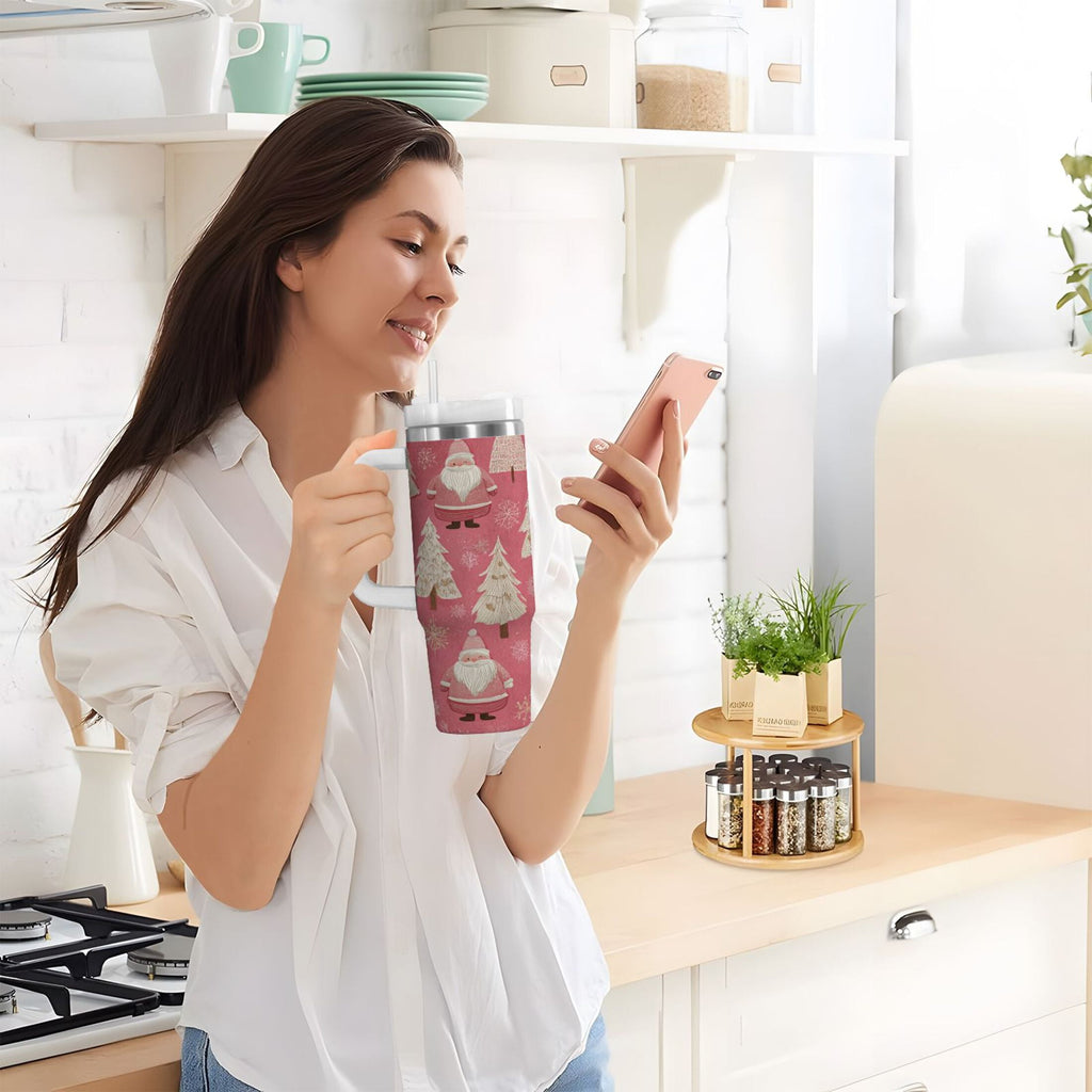 40 oz Insulated Stainless Steel Tumbler Double Wall Stainless Steel Tumbler with 2-Way Drinking Pink Santa Claus Pattern 4N9I