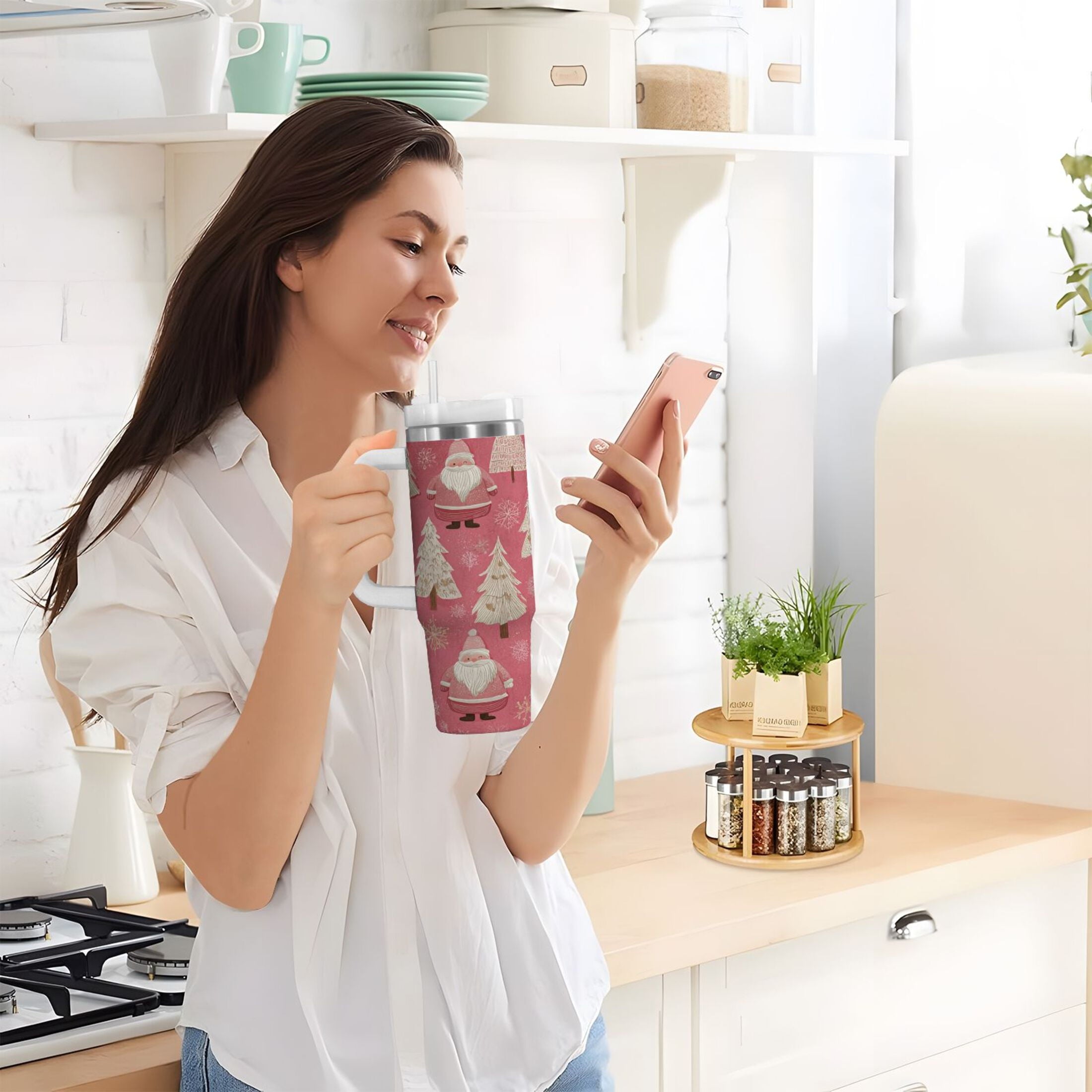 40 oz Insulated Stainless Steel Tumbler Double Wall Stainless Steel Tumbler with 2-Way Drinking Pink Santa Claus Pattern 4N9I
